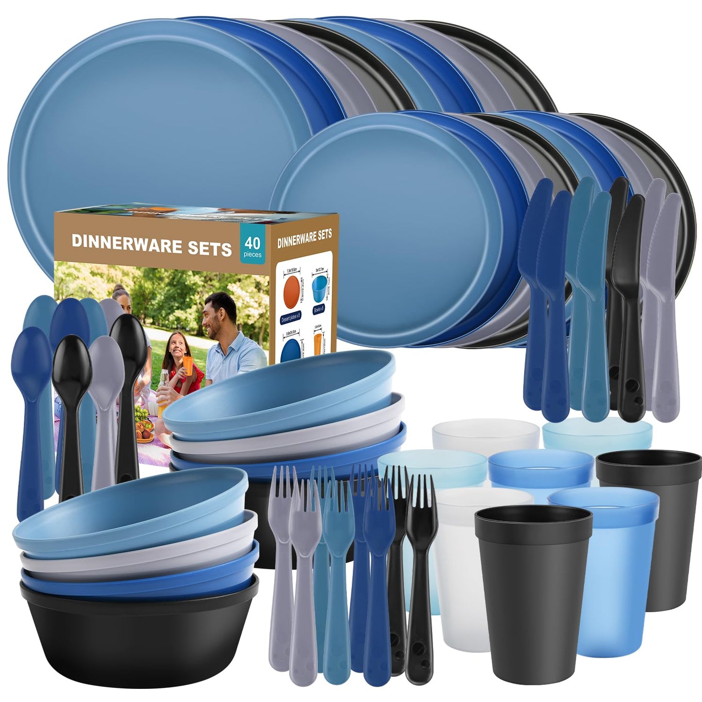 40 Piece Plastic Dinnerware Set for 8 with Cutlery, Unbreakable Plates and Bowls Set, Dishwasher & Microwave Safe Reusable Dish Set for Camping, RV, Outdoor Kitchen, Apartment Dining, Black
