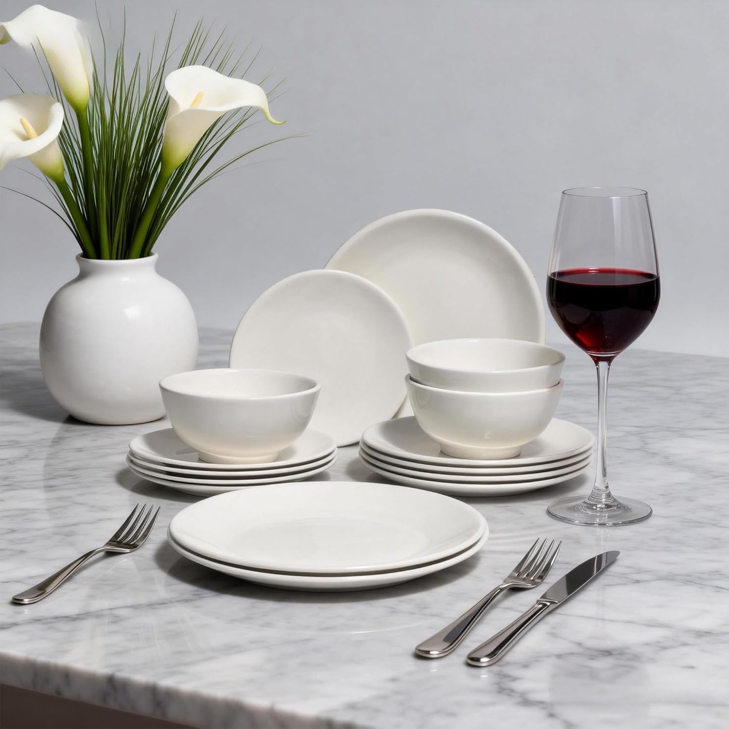 Lumina Porcelain| 18-Piece Fine Porcelain Dinnerware Set, Service for 6 - Professional White Plates & Bowls, Microwave/Oven Safe, Heavy Duty Kitchen Essentials