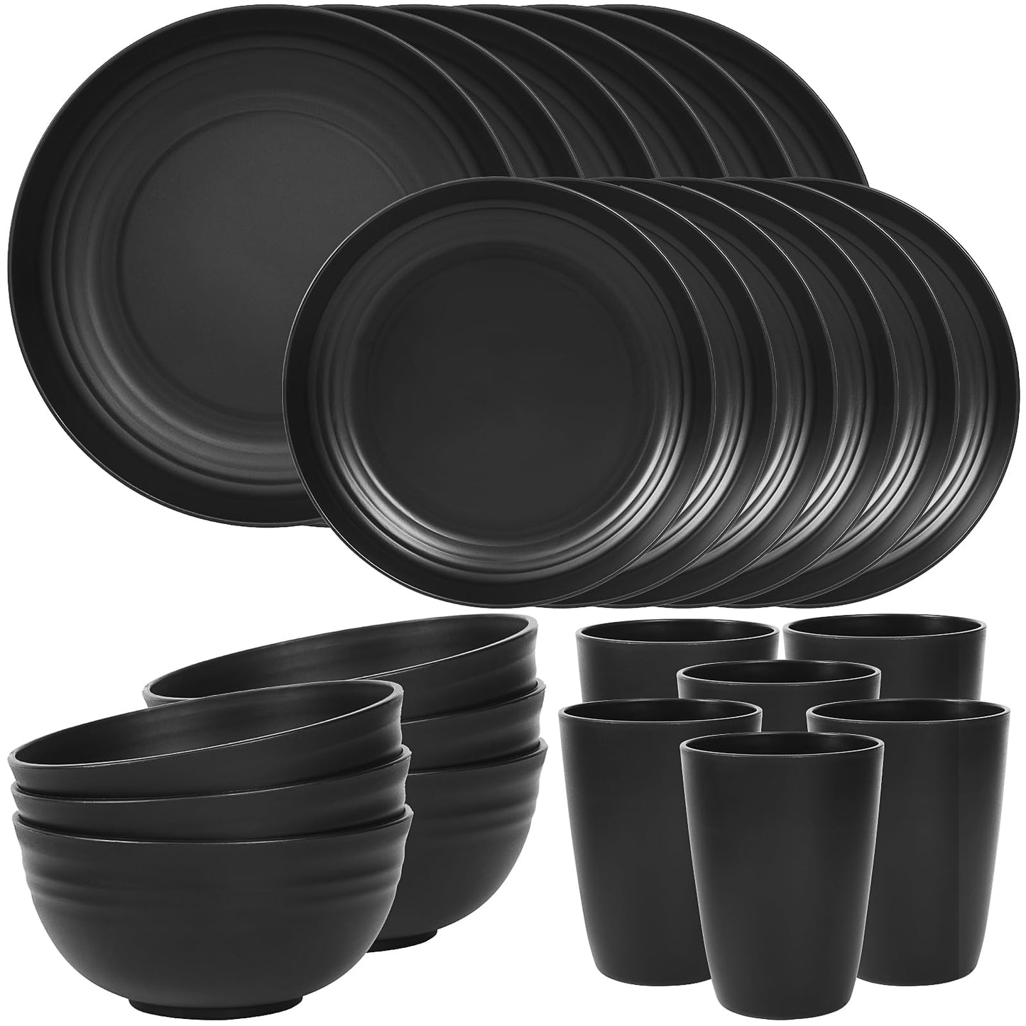 Quatish 32 Piece Plates and Bowls Sets for 8, Unbreakable Dinnerware Sets, Dish Set for Camping, Dishwasher Microwave Safe, Outdoor Kitchen and Apartment Dinning RV Essentials, Black
