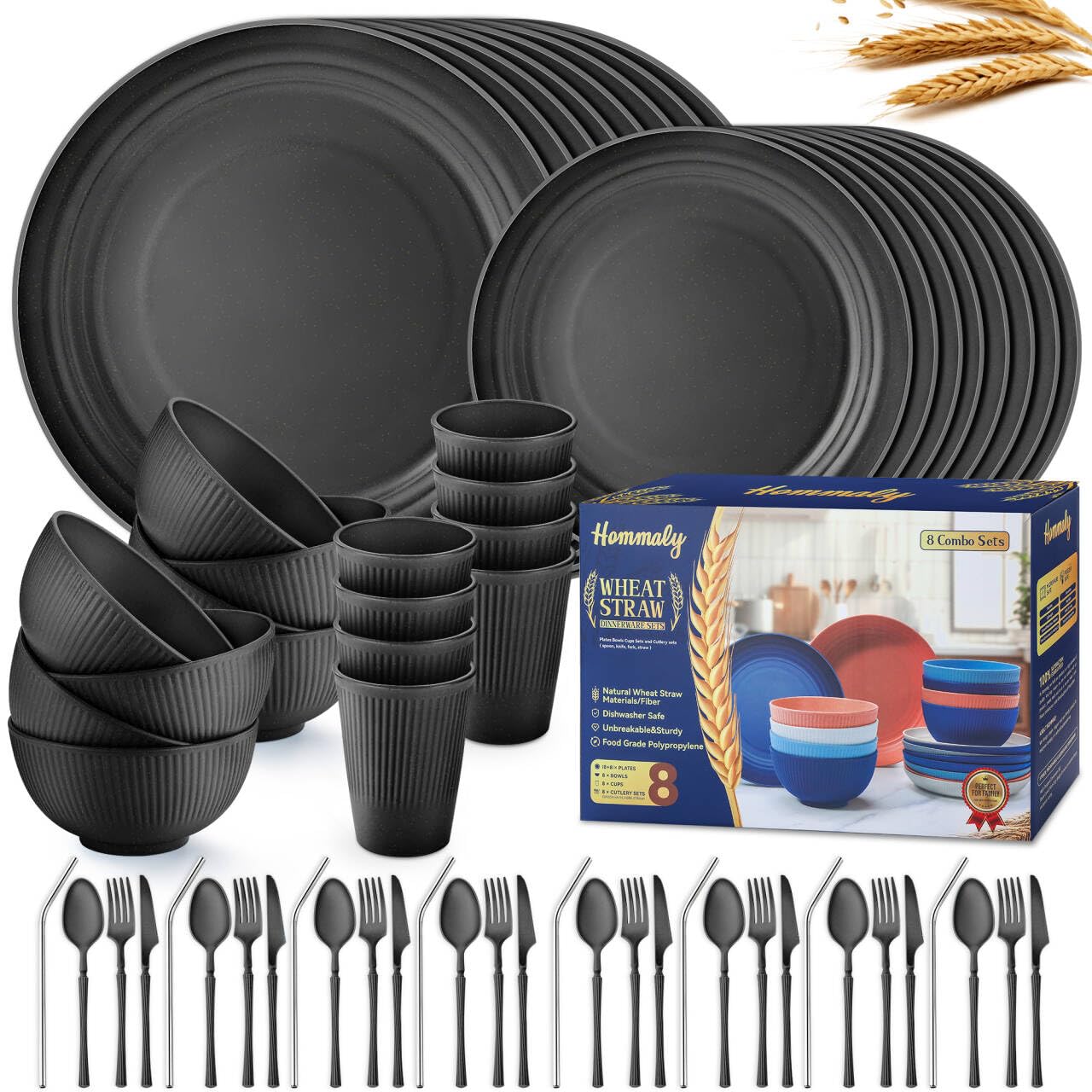 Wheat Straw Dinnerware Sets,64-Piece Beige Plates and Bowls Sets for 8-Unbreakable,Reusable Plastic Dish Set-Dinner Plate/Dessert Plate/Cereal Bowl/Cup/Utensils-Microwavable Dishwasher Safe 64P-Beige
