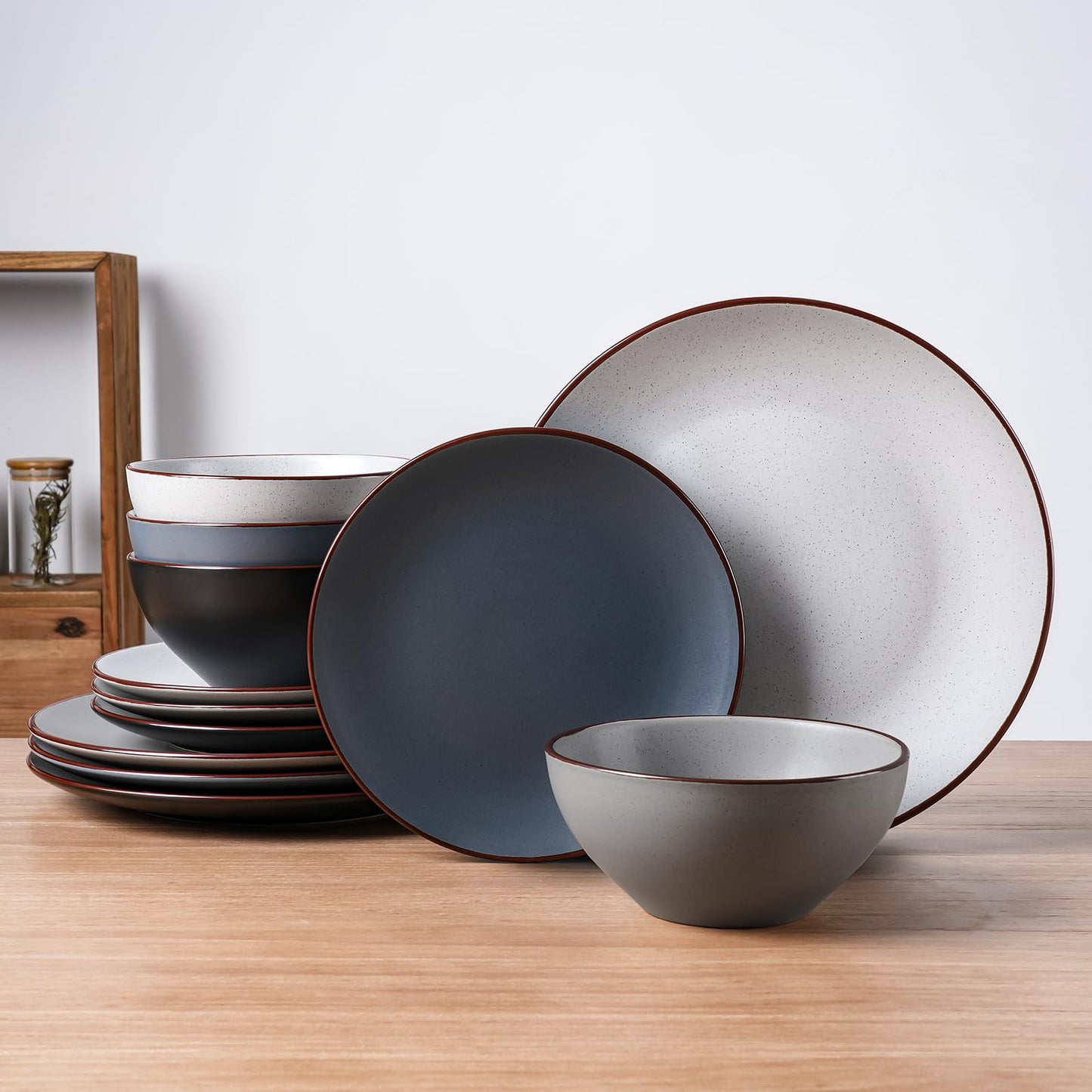 Famiware Venus Plates and Bowls Sets with Trim, 12 Pieces Speckled Stoneware Dishes Dinnerware Set for 4, Matte Dark Gray - Microwave & Dishwasher Safe, Modern Minimalist, Everyday & Formal Dining