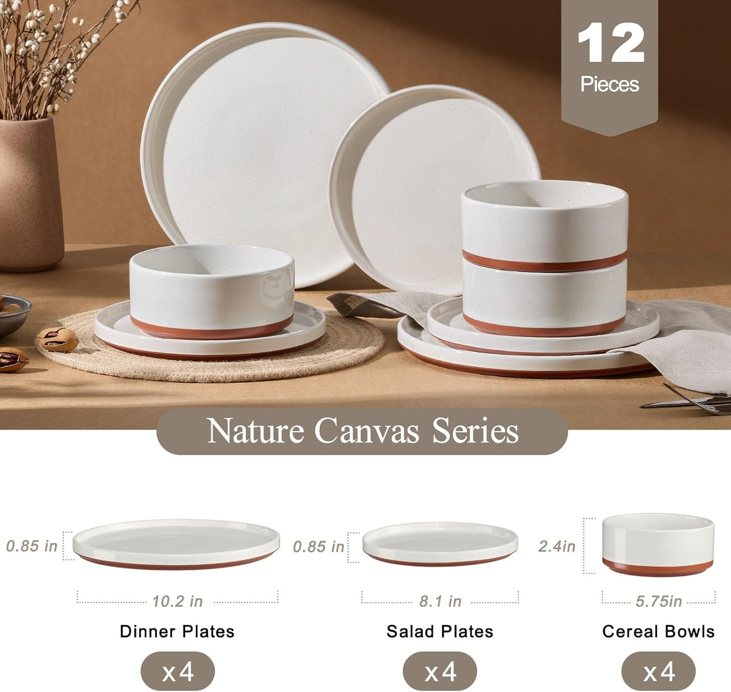 LIANYU Plates and Bowls Sets, 12 Pieces Stoneware Dinnerware Set for 4, Modern Kitchen Dinner Set Ceramic Dishware Dishes Set, Microwave and Dishwasher Safe, Cloud White