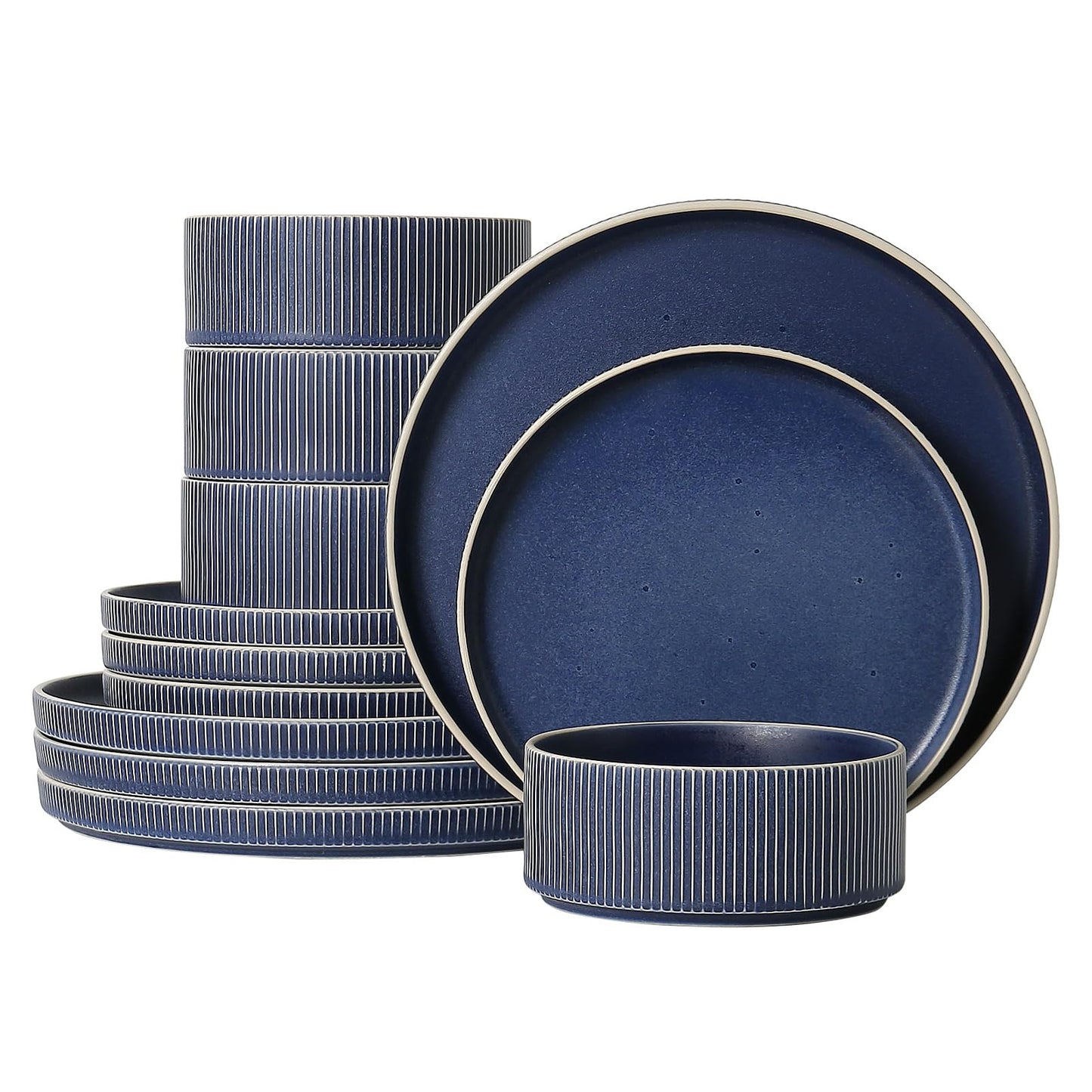 Dinnerware Sets for 4, Ceramic Plates and Bowls Set 12 Piece Dinnerware Chip Resistant Stoneware with Advanced Inkjet Printing Technology, Dishwasher and Microwave Safe-Dusty Blue