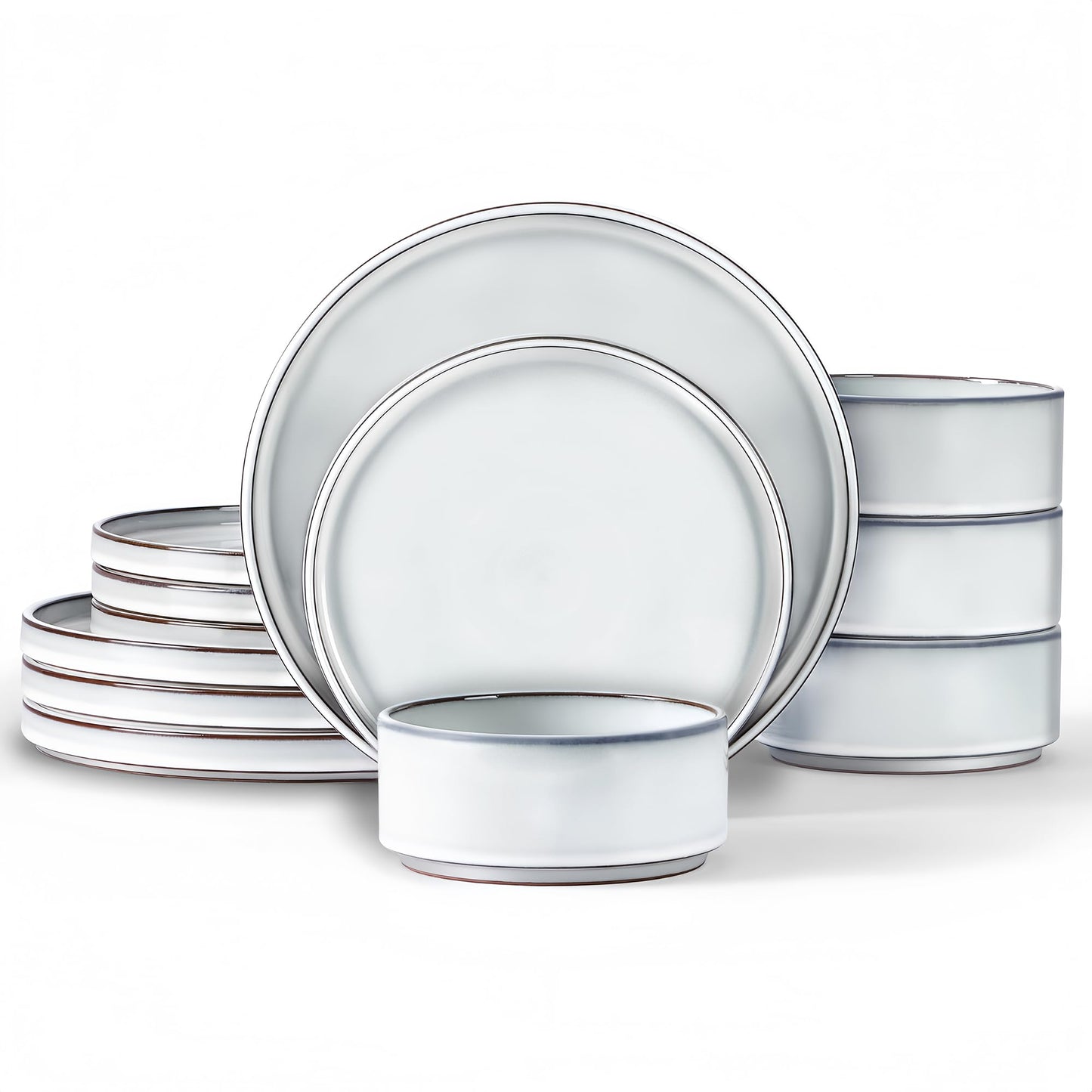 LIANYU Plates and Bowls Sets, 12 Pieces Stoneware Dinnerware Set for 4, Modern Kitchen Dinner Set Ceramic Dishware Dishes Set, Microwave and Dishwasher Safe, Cloud White