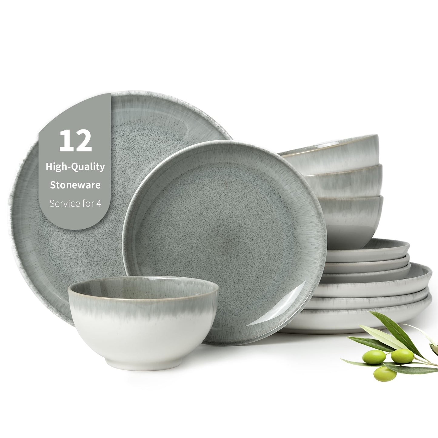 Pokini Stoneware Dinnerware Sets Service for 4, 12 pcs Reactive Glaze Plates and Bowls Sets, Handmade Ceramic Dish Set, Highly Chip and Crack Resistant Modern Plate Set, Brown Green