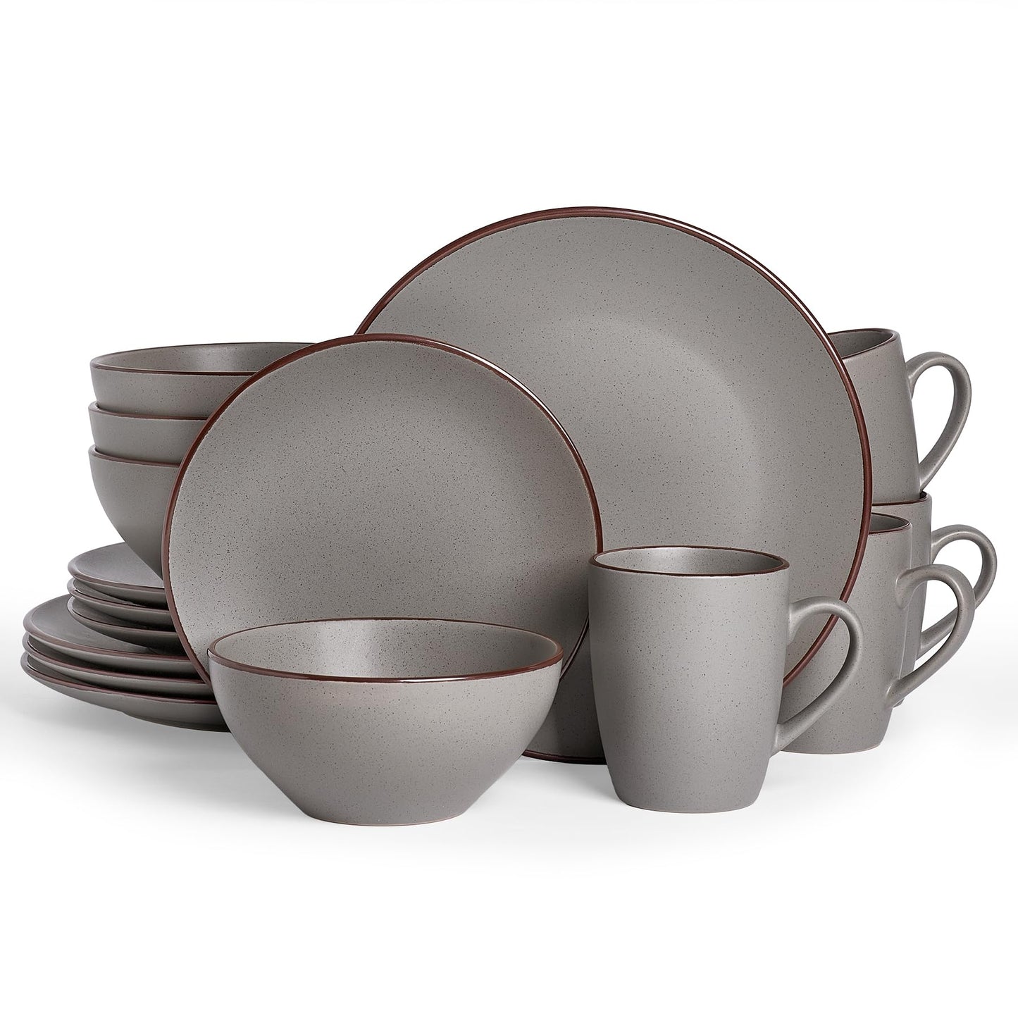 Famiware Venus Plates and Bowls Sets with Trim, 12 Pieces Speckled Stoneware Dishes Dinnerware Set for 4, Matte Dark Gray - Microwave & Dishwasher Safe, Modern Minimalist, Everyday & Formal Dining