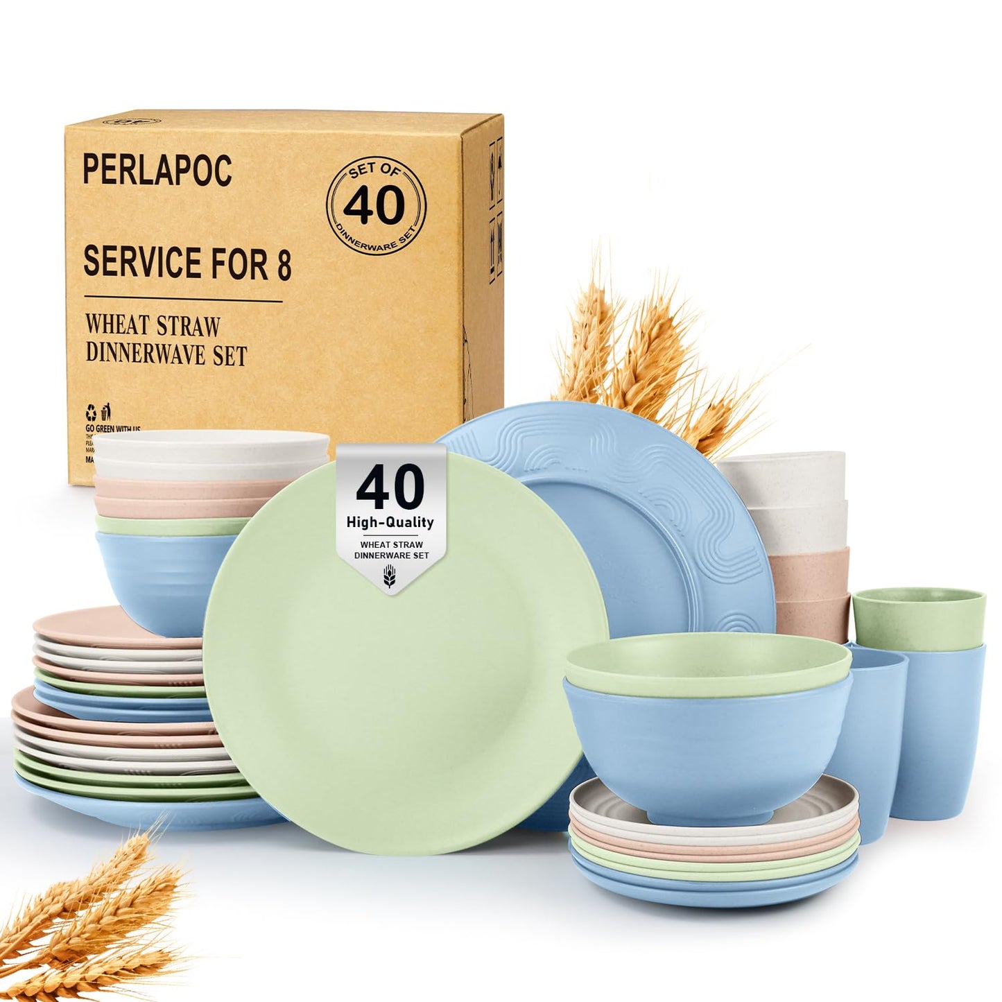 Wheat Straw Dinnerware Set 40 PCS - Service for 8 | Plates and Bowls Sets | Unbreakable Dishes Set - Dinner Plates, Dessert Plate, Cereal Bowls, Drinking Glasses, Dishwasher Safe - Multi