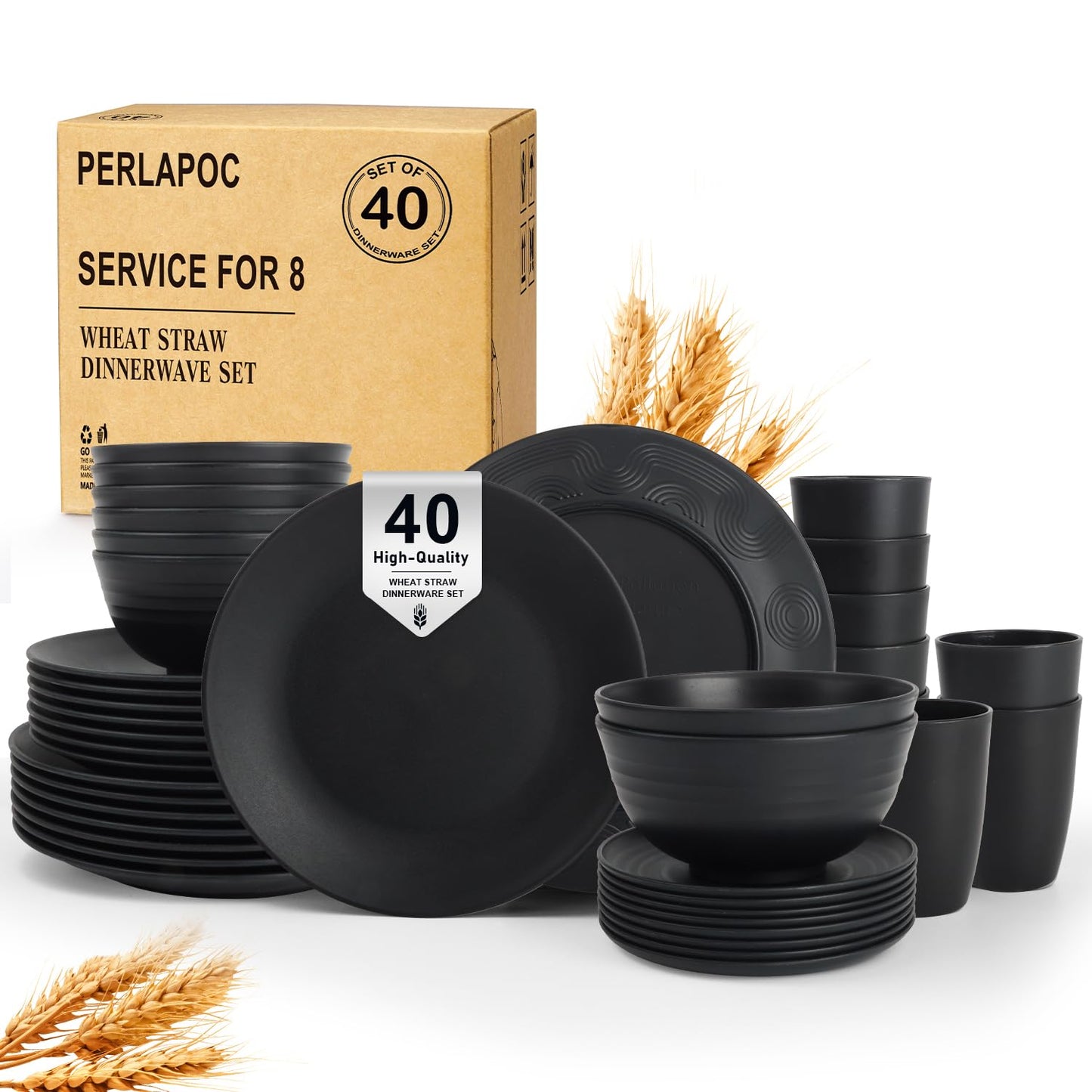 Wheat Straw Dinnerware Set 40 PCS - Service for 8 | Plates and Bowls Sets | Unbreakable Dishes Set - Dinner Plates, Dessert Plate, Cereal Bowls, Drinking Glasses, Dishwasher Safe - Multi