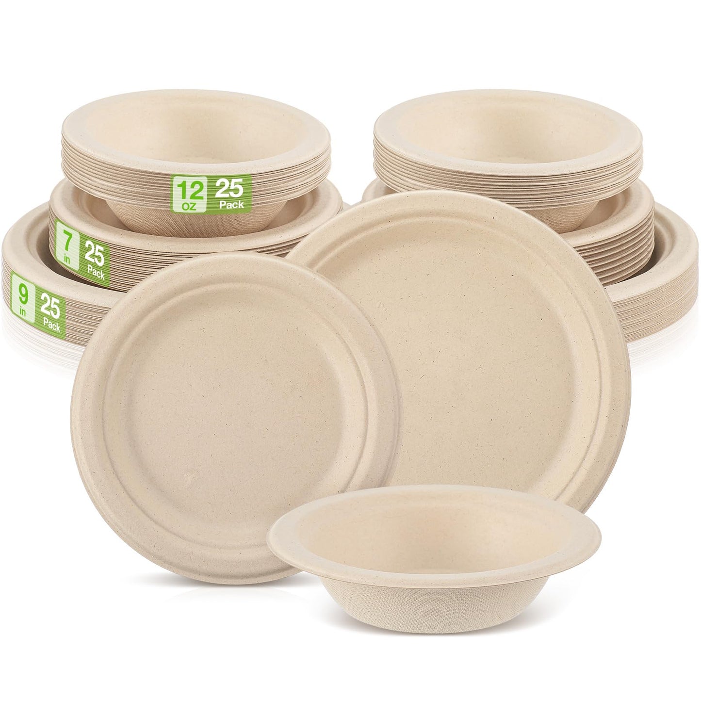Havawish 150 Pcs Compostable Paper Plates and Bowls Set 7 Inch 9 Inch Disposable Plate 12oz Biodegradable Bowls for Party Dinner 50-person Bulk Party Supplies