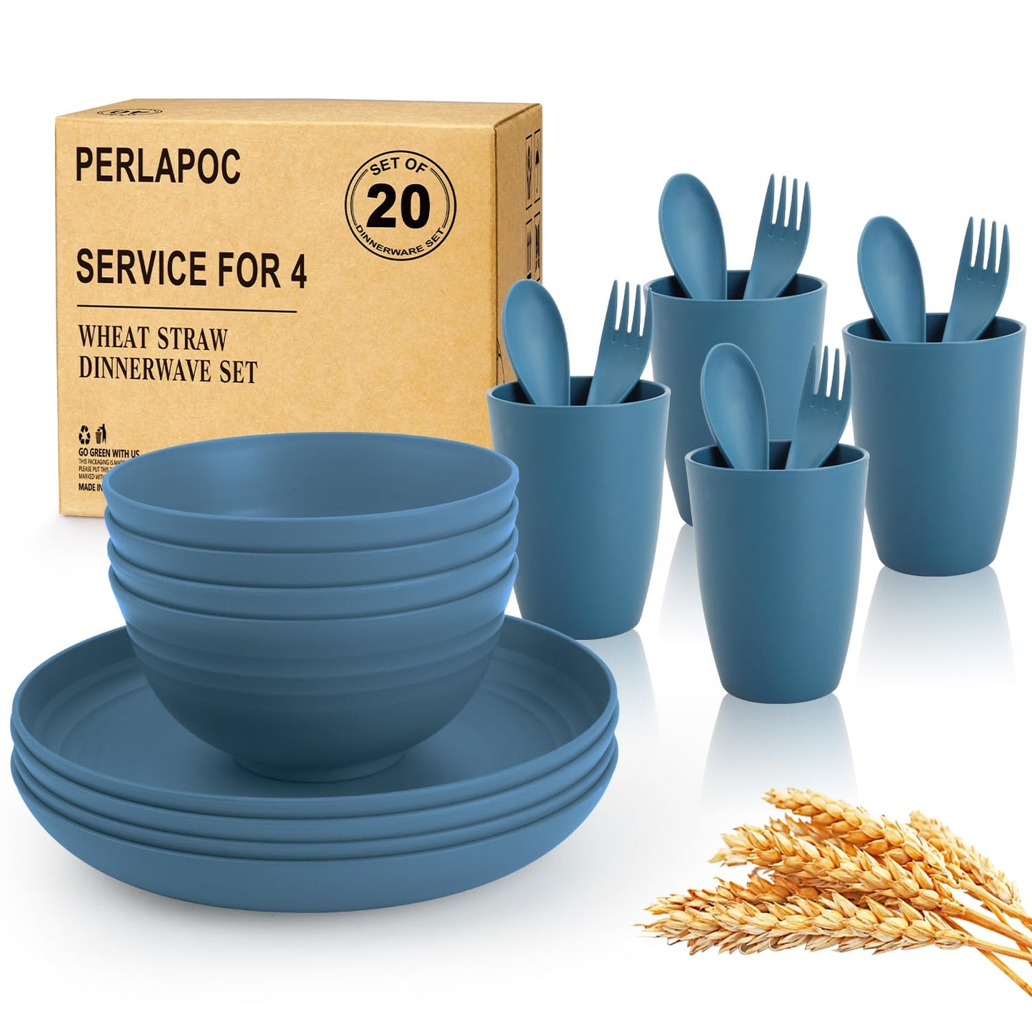 Wheat Straw Dinnerware Set 40 PCS - Service for 8 | Plates and Bowls Sets | Unbreakable Dishes Set - Dinner Plates, Dessert Plate, Cereal Bowls, Drinking Glasses, Dishwasher Safe - Multi
