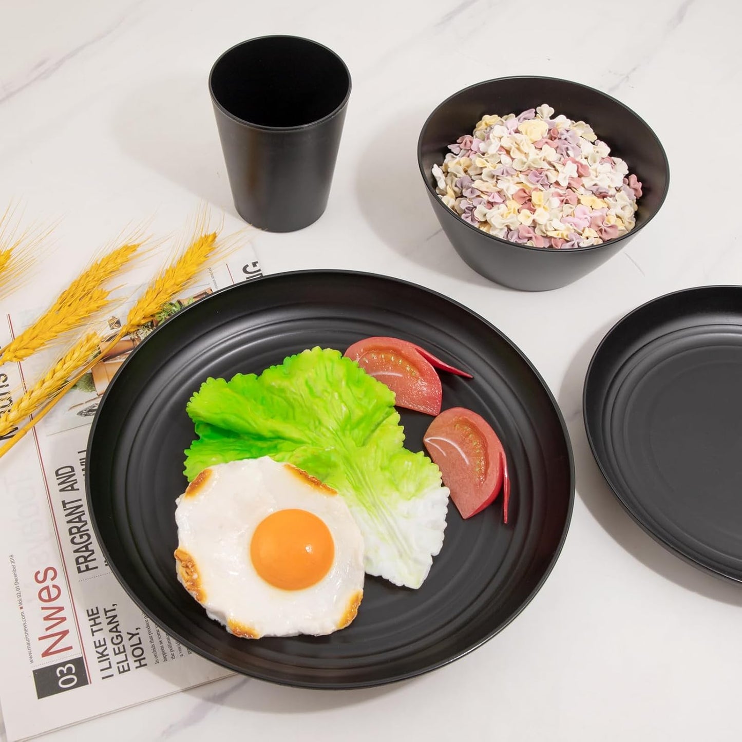 LIYH 48 Pcs Black Wheat Straw Plates and Bowls Dinnerware Set for 12, Camping Dish Set, Dishwasher Safe, Unbreakable Plastic Camper Dishes