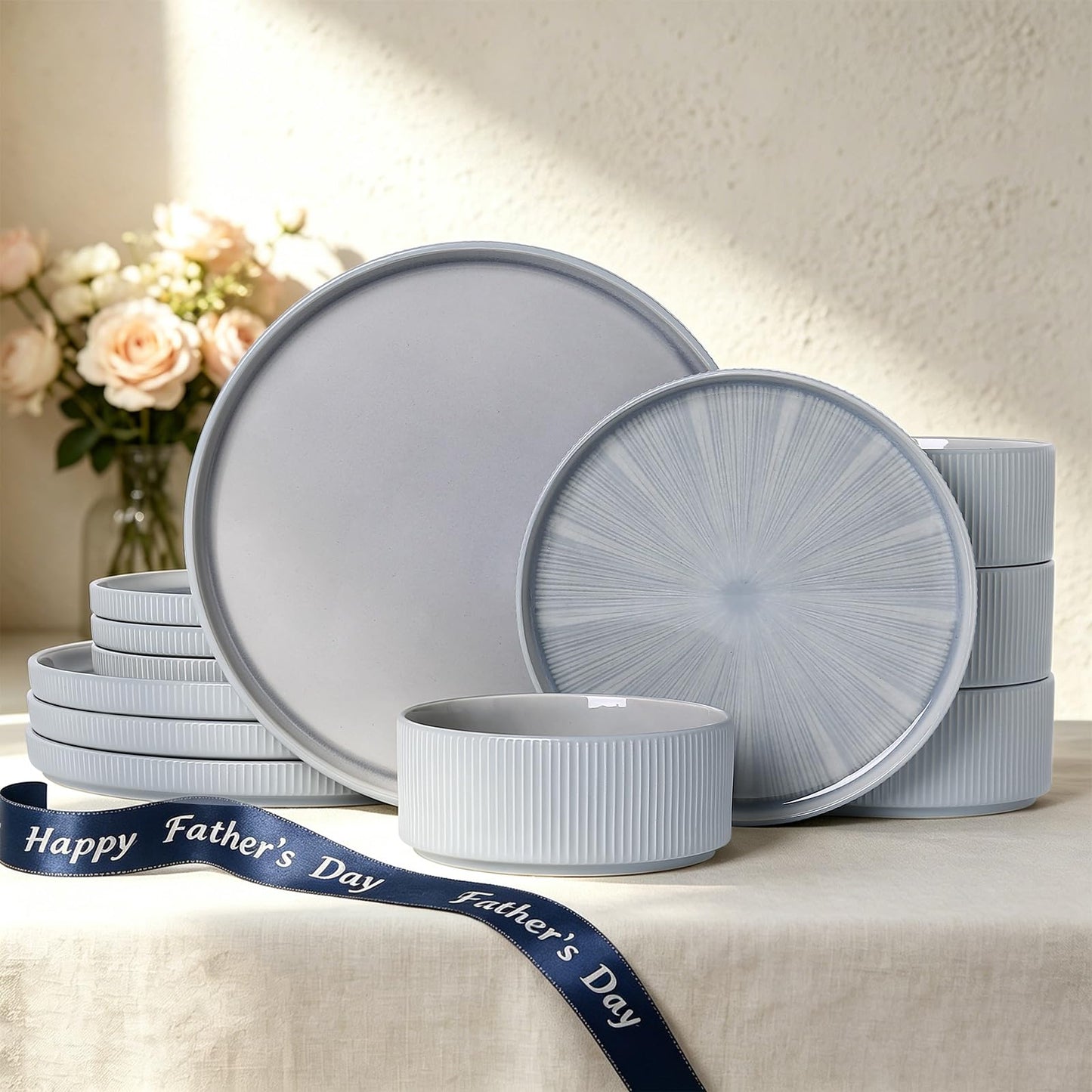 Dinnerware Sets for 4, Ceramic Plates and Bowls Set 12 Piece Dinnerware Chip Resistant Stoneware with Advanced Inkjet Printing Technology, Dishwasher and Microwave Safe-Dusty Blue