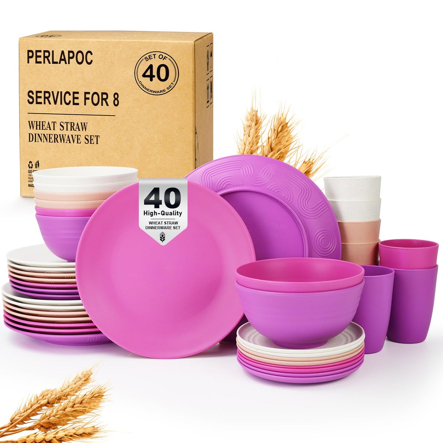 Wheat Straw Dinnerware Set 40 PCS - Service for 8 | Plates and Bowls Sets | Unbreakable Dishes Set - Dinner Plates, Dessert Plate, Cereal Bowls, Drinking Glasses, Dishwasher Safe - Multi