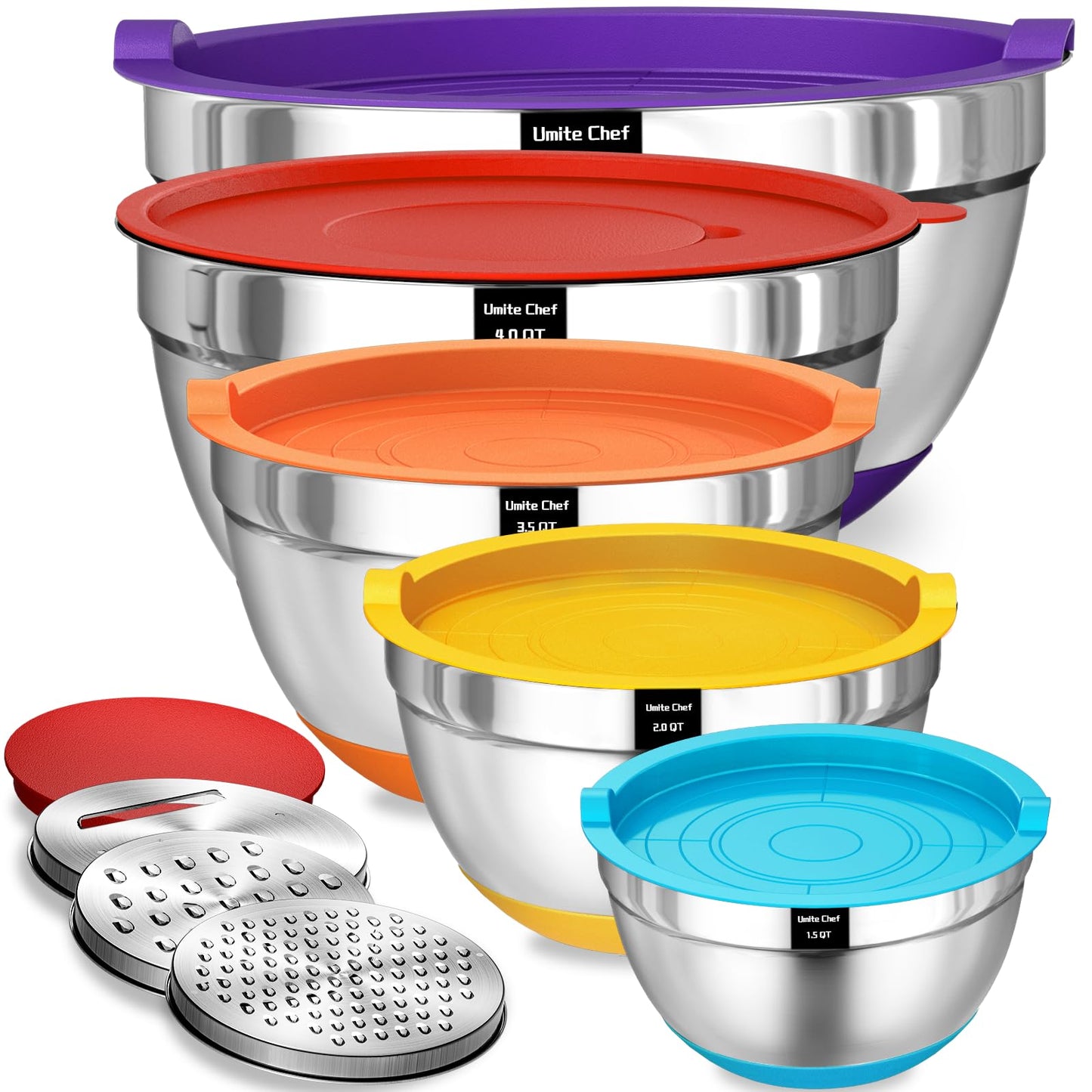 Umite Chef Mixing Bowls with Airtight Lids Set, 8PCS Stainless Steel Nesting Bowls with Grater Attachments, Non-Slip Bottoms, 5, 4, 3.5, 2, 1.5QT for Mixing & Serving