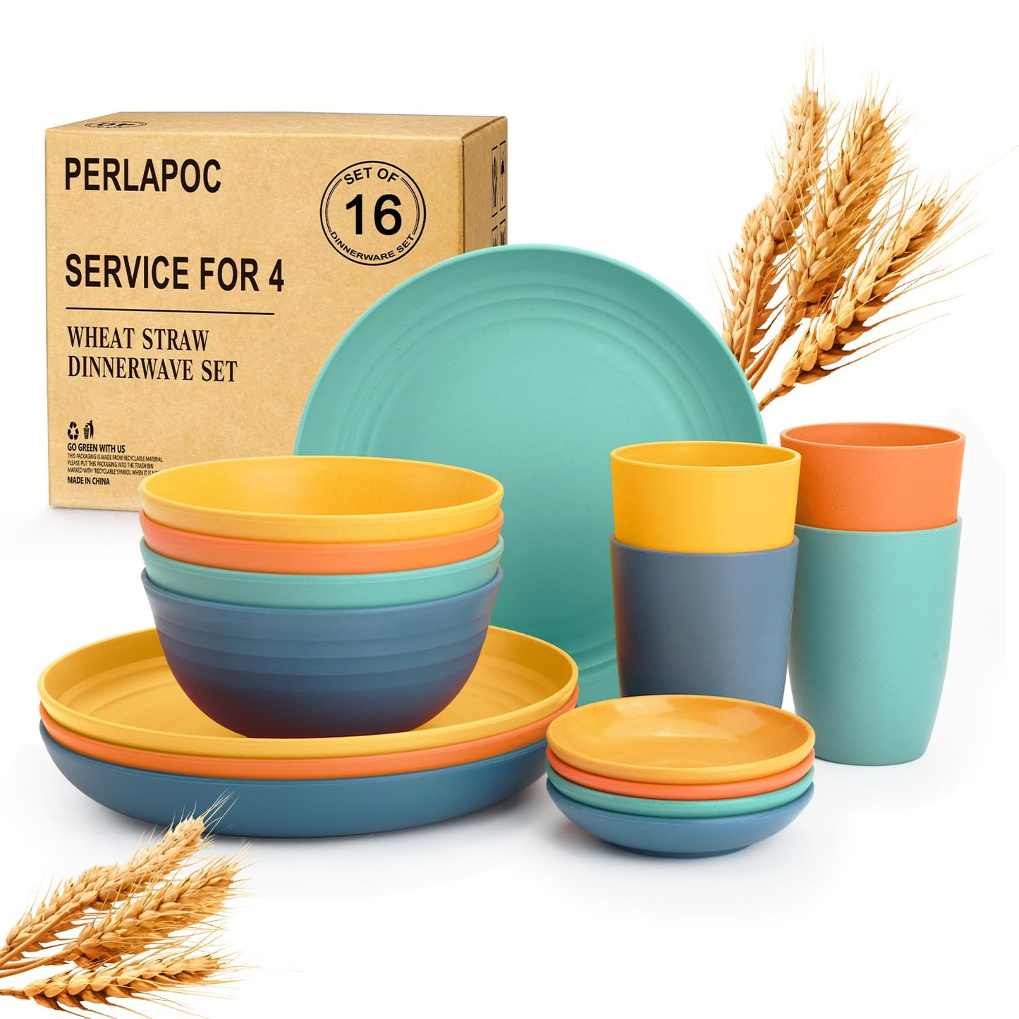 Wheat Straw Dinnerware Set 40 PCS - Service for 8 | Plates and Bowls Sets | Unbreakable Dishes Set - Dinner Plates, Dessert Plate, Cereal Bowls, Drinking Glasses, Dishwasher Safe - Multi