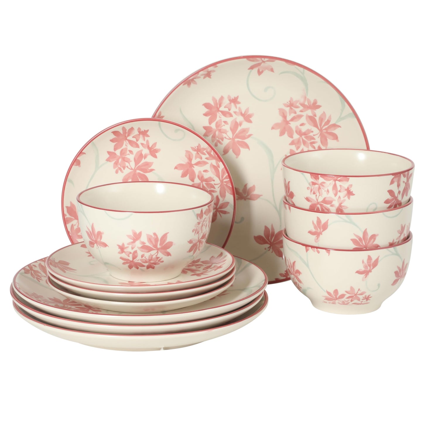 Gibson Home Cloudlight 12 Piece Plates and Bowls Dishes Brown and White - Decorated Porcelain Ceramic Dinnerware Set - Service for 4