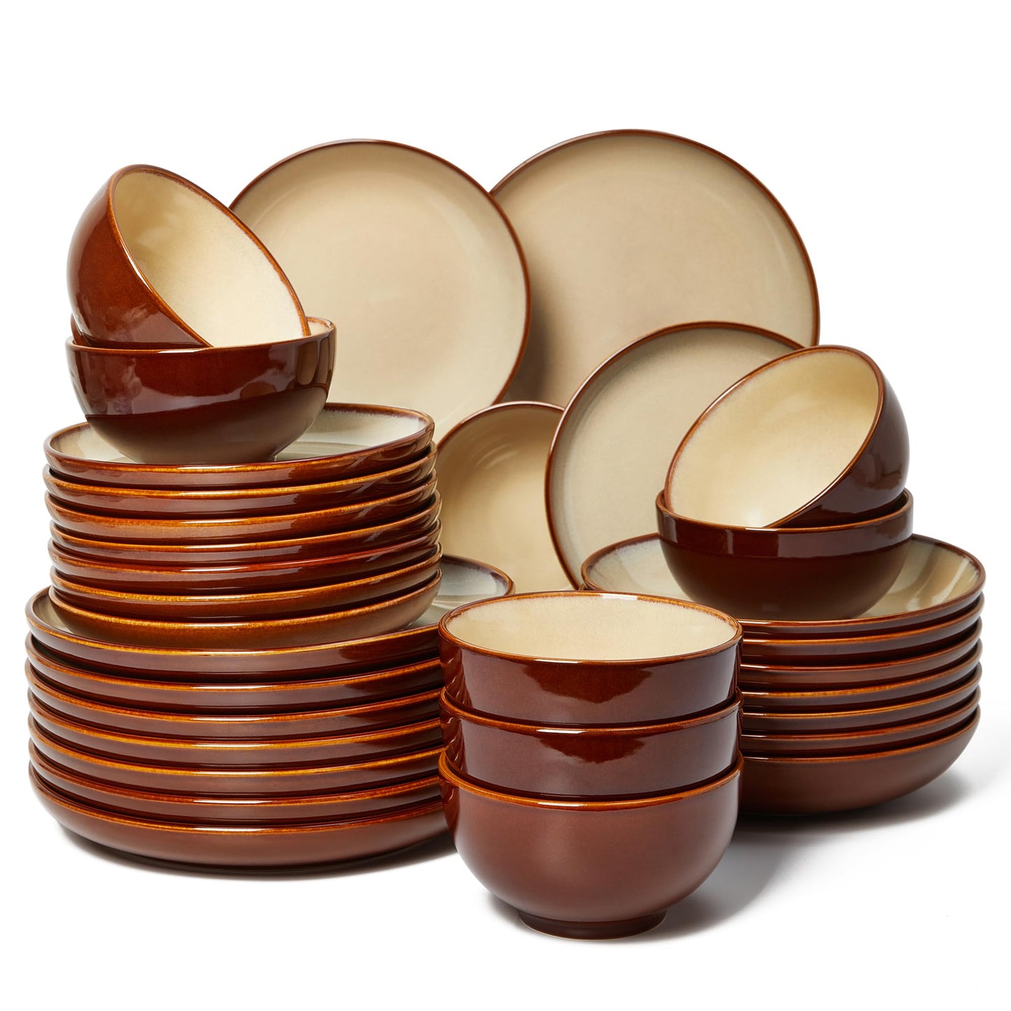 Pokini Stoneware Dinnerware Sets Service for 4, 12 pcs Reactive Glaze Plates and Bowls Sets, Handmade Ceramic Dish Set, Highly Chip and Crack Resistant Modern Plate Set, Brown Green