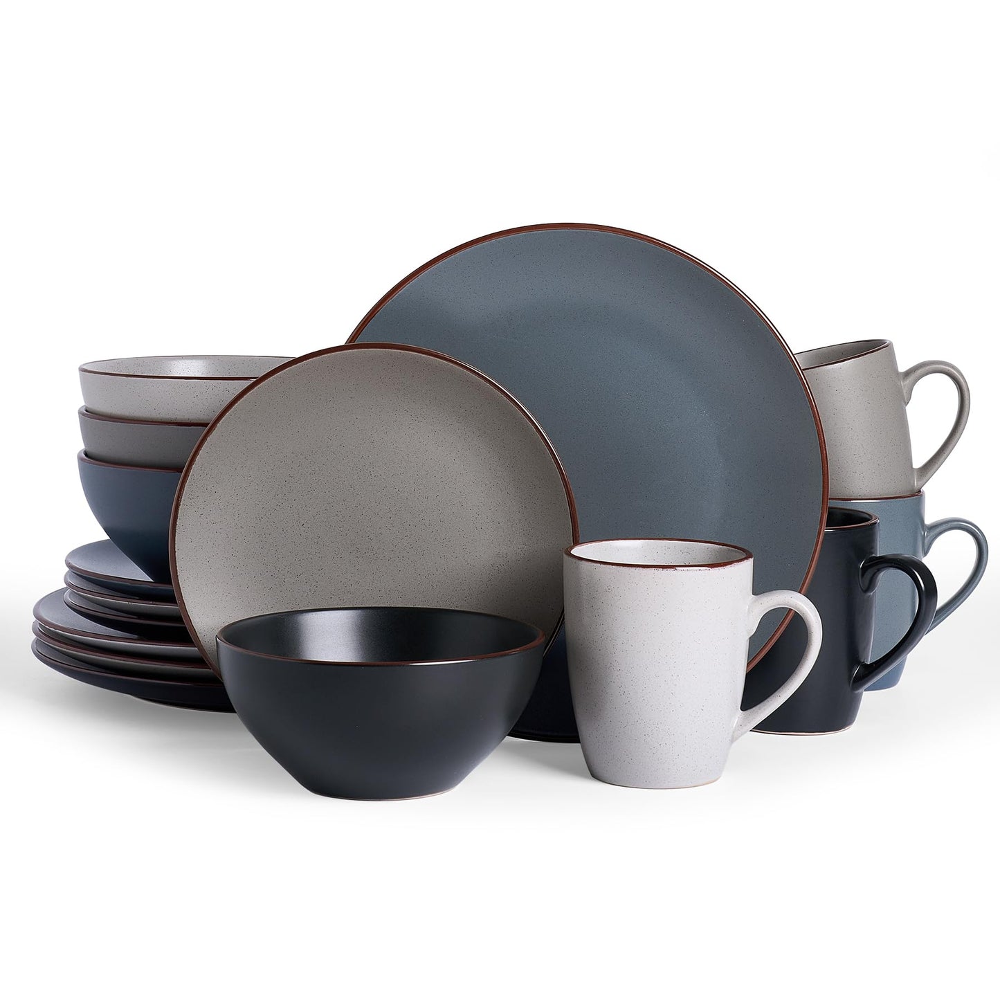 Famiware Venus Plates and Bowls Sets with Trim, 12 Pieces Speckled Stoneware Dishes Dinnerware Set for 4, Matte Dark Gray - Microwave & Dishwasher Safe, Modern Minimalist, Everyday & Formal Dining