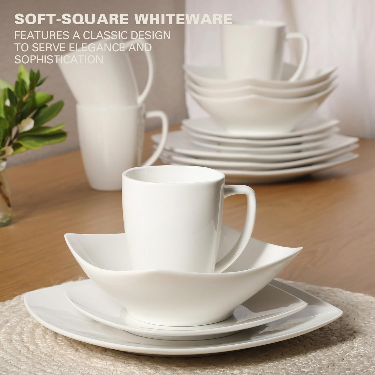 Gibson Home Zen Buffet White Porcelain Dinnerware Set for 4, Square Plates Bowls and Mugs, Chip and Scratch Resistant, Dishwasher and Microwave Safe, 16 Piece