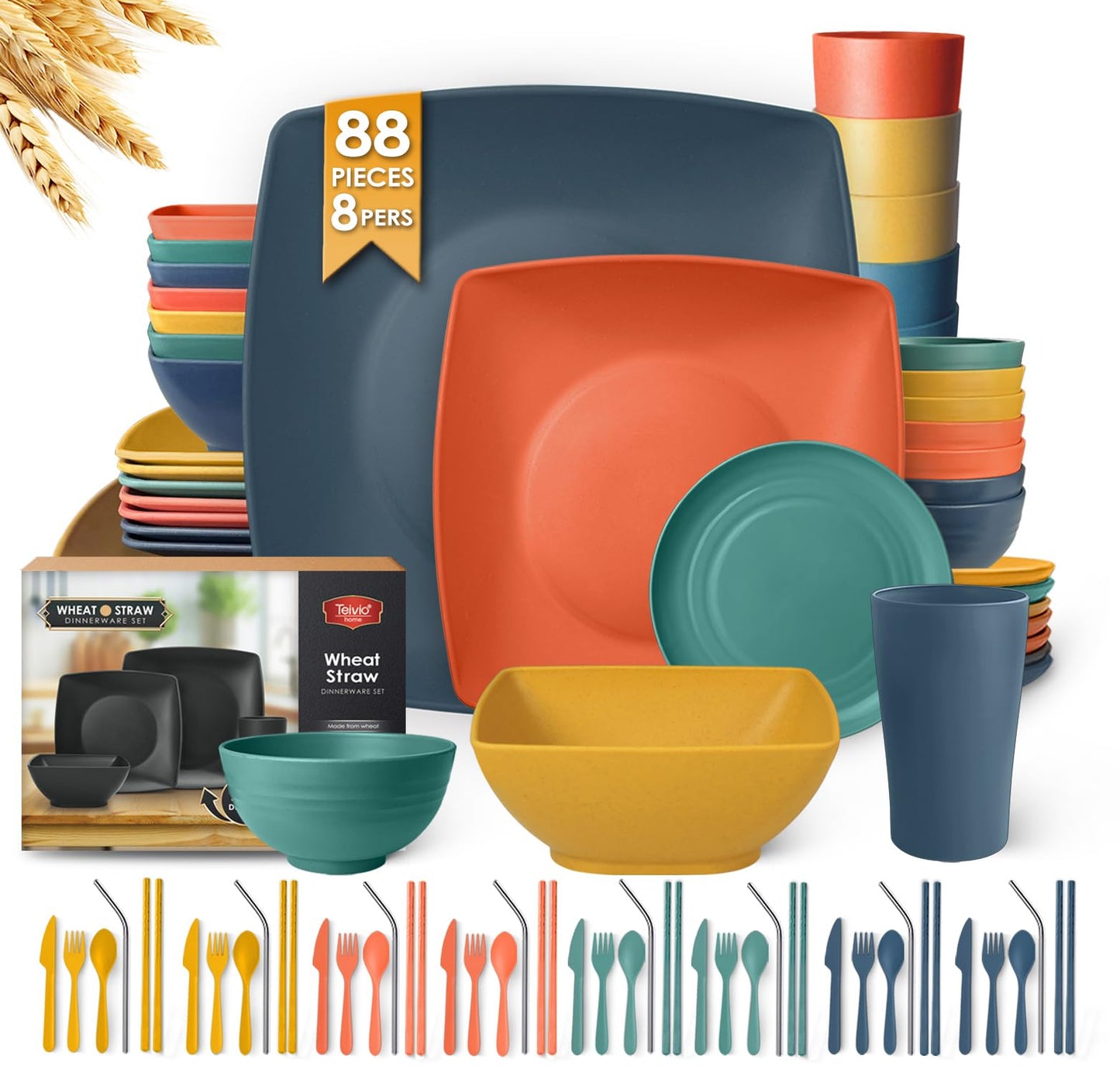 Teivio 88-piece With Flatware Plastic Kitchen Wheat Straw Square Dinnerware Set for 8, Unbreakable Dinner/Salad/Appetizer Plates, Snack Bowls, Dipping Sauce Cups,Tumblers, Dishwasher Safe Dish,Black
