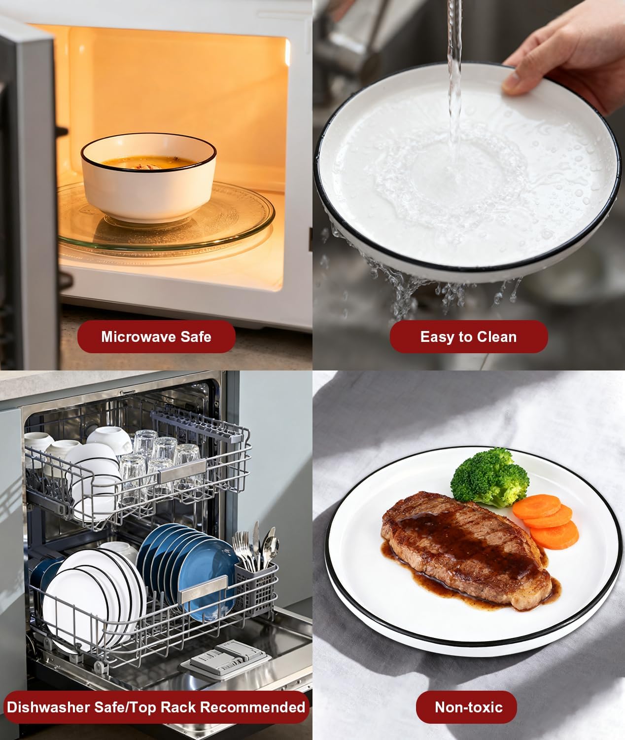 12 Pieces Ceramic Dinnerware set,Plates and Bowls Sets for 4,White Dinnerware Set for Kitchen, Modern Design Plate Sets with Black Rim, Microwave and Dishwasher Safe