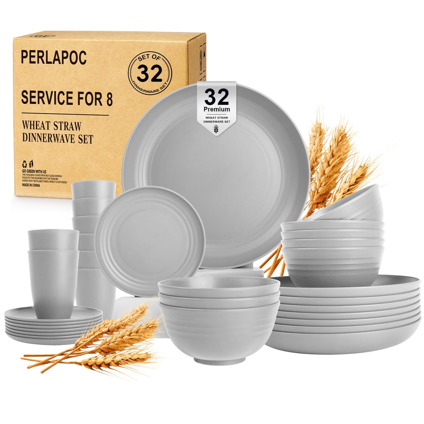 Wheat Straw Dinnerware Set 40 PCS - Service for 8 | Plates and Bowls Sets | Unbreakable Dishes Set - Dinner Plates, Dessert Plate, Cereal Bowls, Drinking Glasses, Dishwasher Safe - Multi