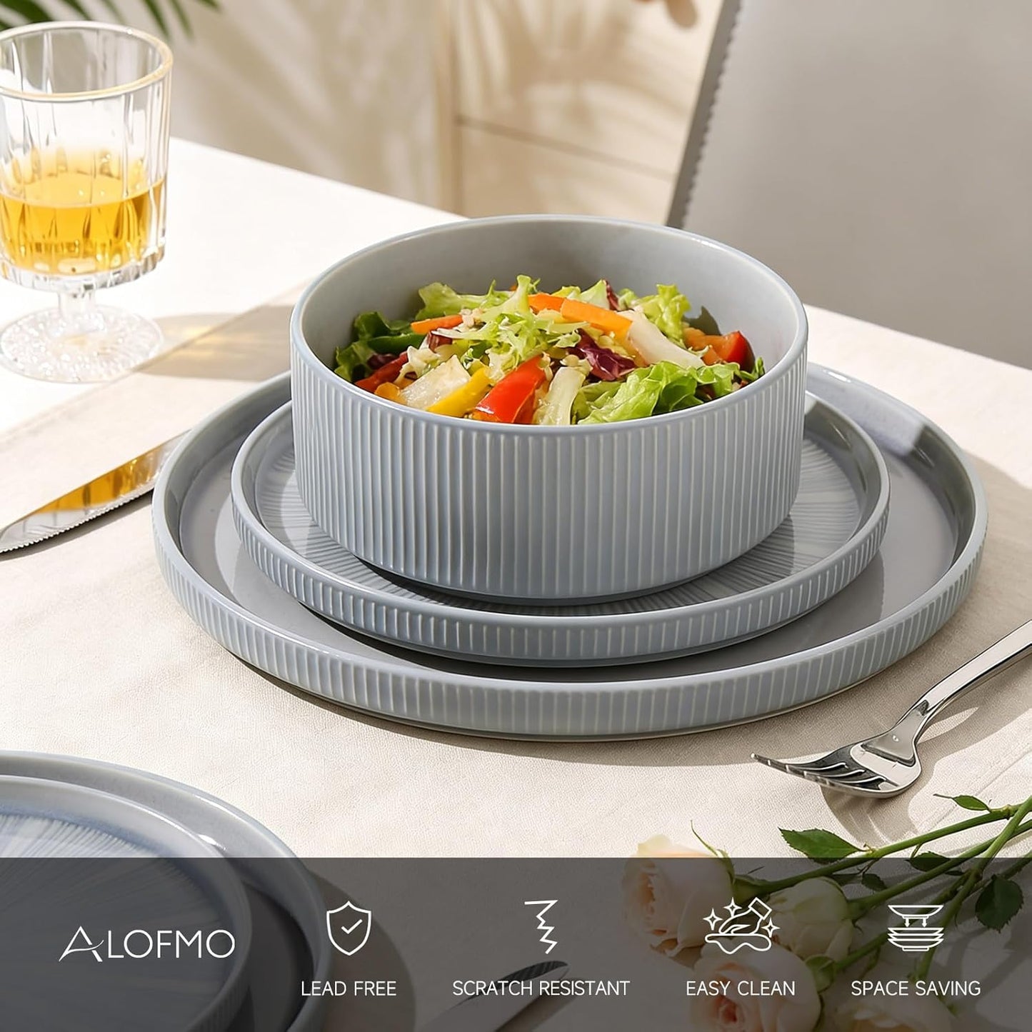 Dinnerware Sets for 4, Ceramic Plates and Bowls Set 12 Piece Dinnerware Chip Resistant Stoneware with Advanced Inkjet Printing Technology, Dishwasher and Microwave Safe-Dusty Blue