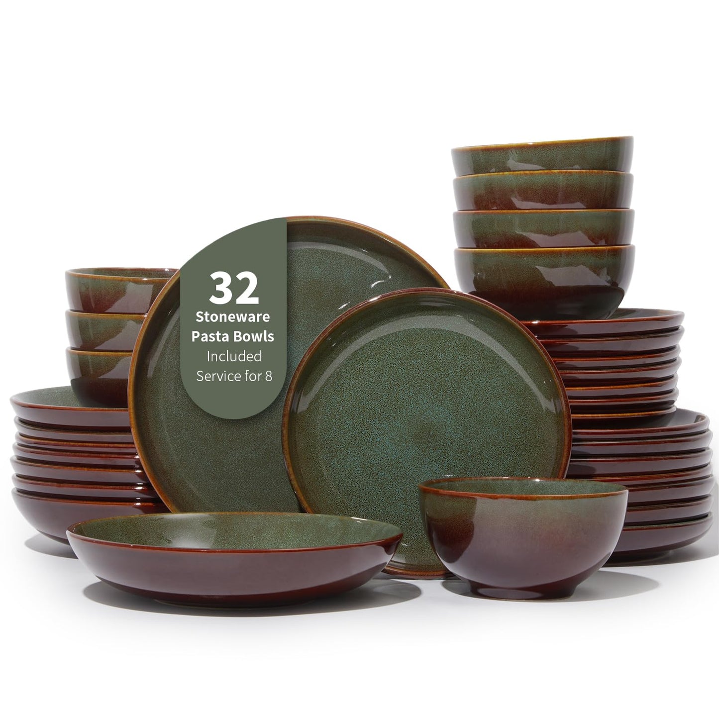 Pokini Stoneware Dinnerware Sets Service for 4, 12 pcs Reactive Glaze Plates and Bowls Sets, Handmade Ceramic Dish Set, Highly Chip and Crack Resistant Modern Plate Set, Brown Green