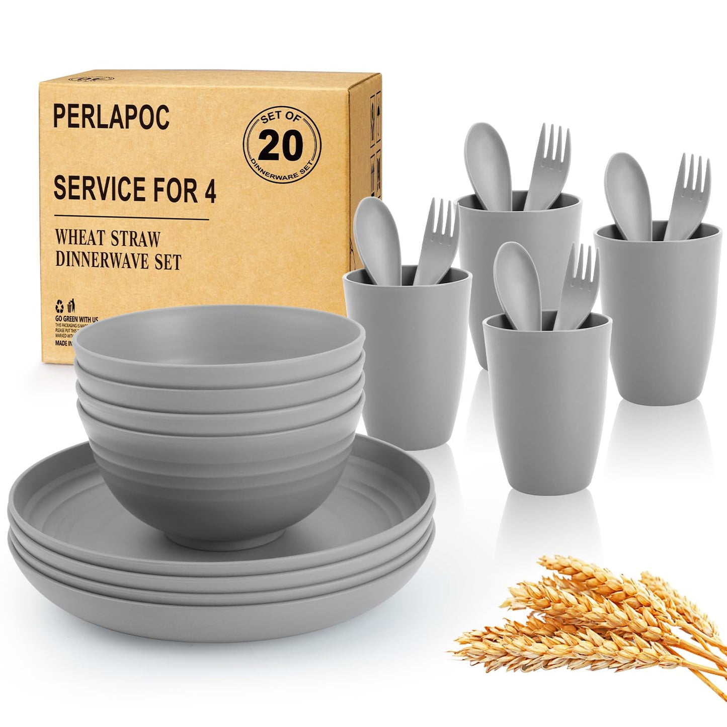 Wheat Straw Dinnerware Set 40 PCS - Service for 8 | Plates and Bowls Sets | Unbreakable Dishes Set - Dinner Plates, Dessert Plate, Cereal Bowls, Drinking Glasses, Dishwasher Safe - Multi