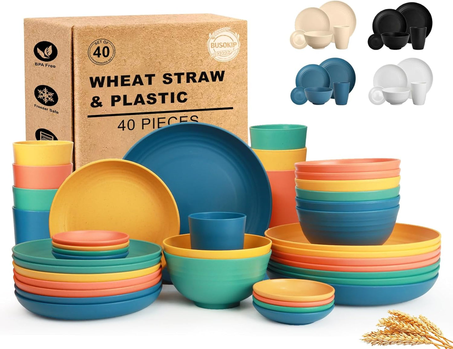 Wheat Straw Dinnerware Sets 40 Piece, Kitchen Plates and Bowls Set, Unbreakable Dishes Set for 8, Microwave and Dishwahser Safe Dishware Sets for Home, Camping, RV, Party - Multi