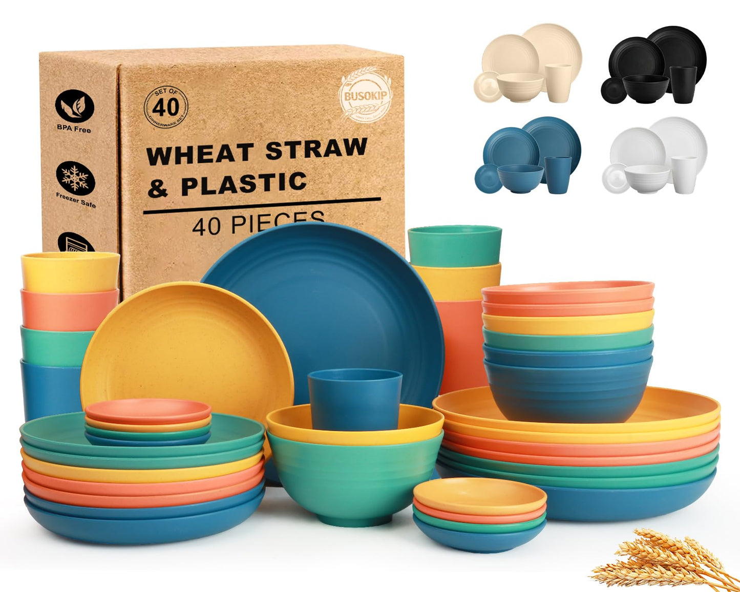 Wheat Straw Dinnerware Sets 40 Piece, Kitchen Plates and Bowls Set, Unbreakable Dishes Set for 8, Microwave and Dishwahser Safe Dishware Sets for Home, Camping, RV, Party - Multi