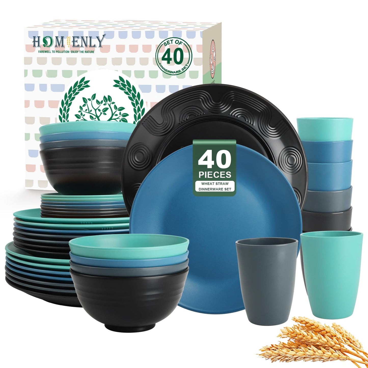 Homienly Kitchen Wheat Straw Dinnerware Set 40 PCS - Dinner Plates, Cereal Bowls, Wheat Straw Cups Set, Microwave and Dishwasher Safe Dishes Set, Unbreakable Dish Set for Party, Outdoor(Grey Stone)