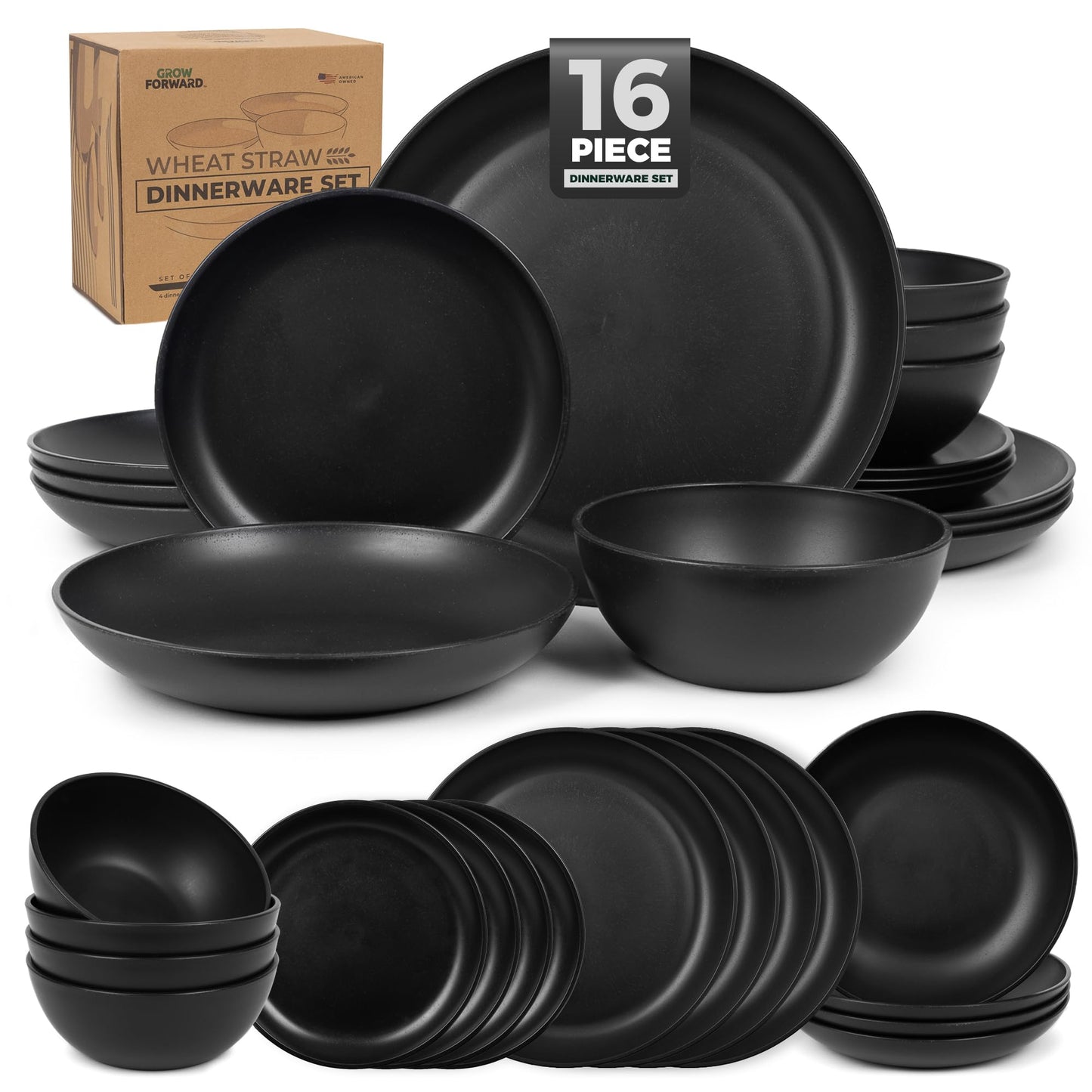 Grow Forward 16-piece Premium Wheat Straw Dinnerware Sets for 4 - Unbreakable Dishwasher & Microwave Safe Plastic Plates and Bowls Sets - Patio, Outdoors, RV, Camping Dishes - Sahara