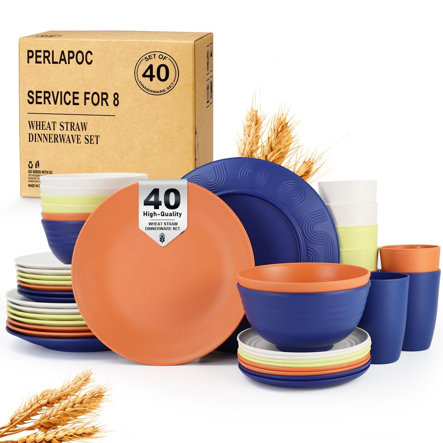 Wheat Straw Dinnerware Set 40 PCS - Service for 8 | Plates and Bowls Sets | Unbreakable Dishes Set - Dinner Plates, Dessert Plate, Cereal Bowls, Drinking Glasses, Dishwasher Safe - Multi