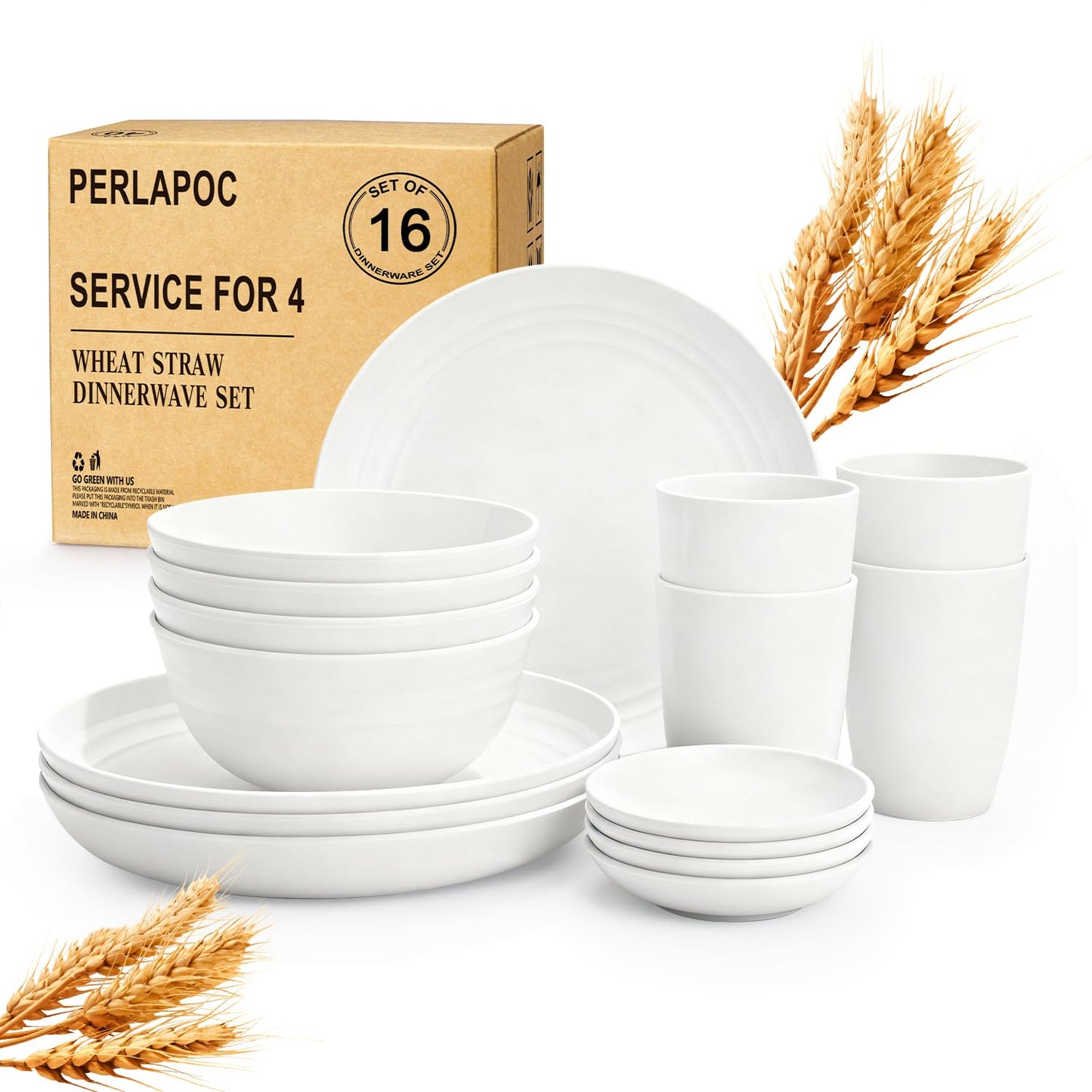 Wheat Straw Dinnerware Set 40 PCS - Service for 8 | Plates and Bowls Sets | Unbreakable Dishes Set - Dinner Plates, Dessert Plate, Cereal Bowls, Drinking Glasses, Dishwasher Safe - Multi