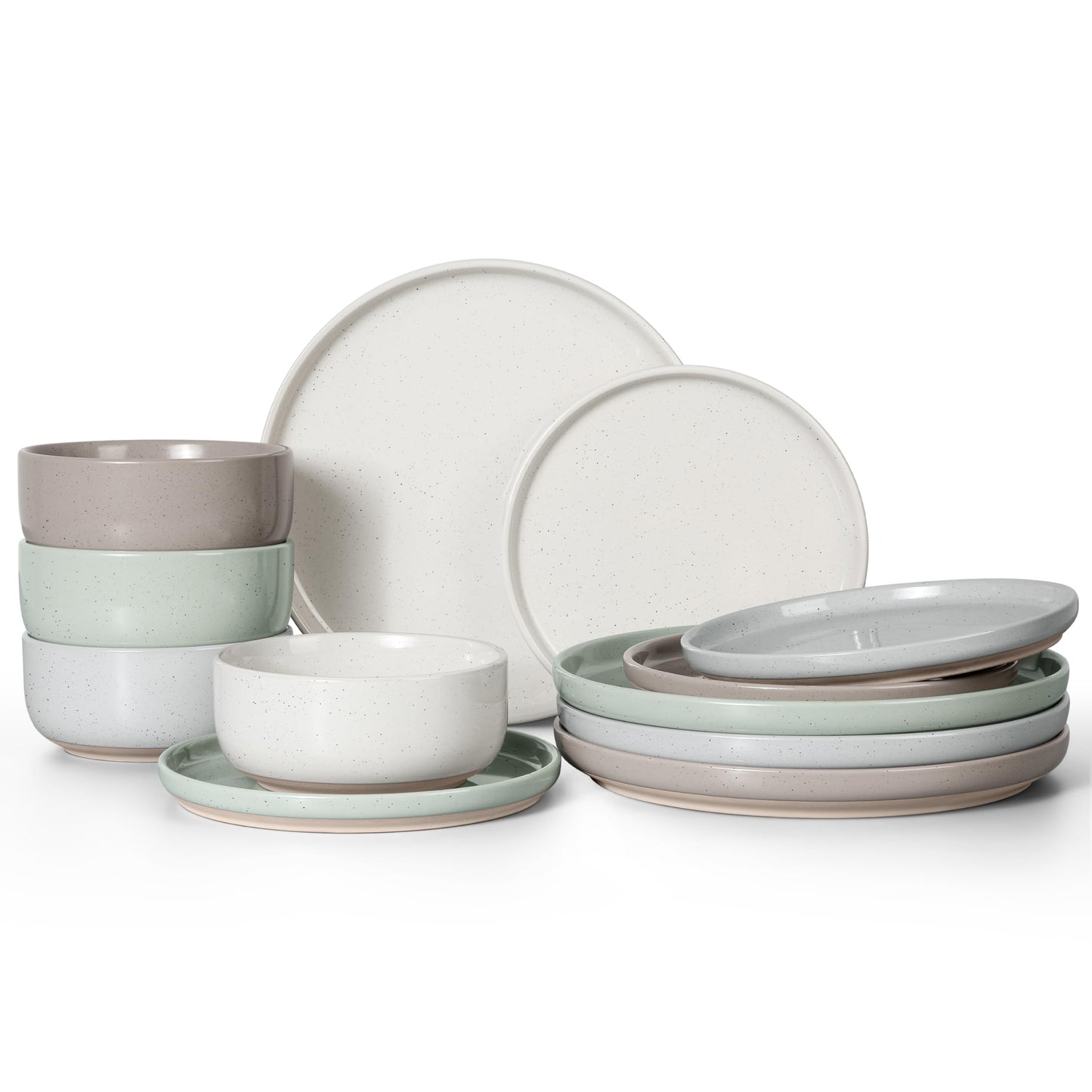 HaWare Stoneware Dinnerware Sets, 12-Piece Plates and Bowls Set for 4, Dishes Set for Home Restaurant, Speckled Asparagus Green