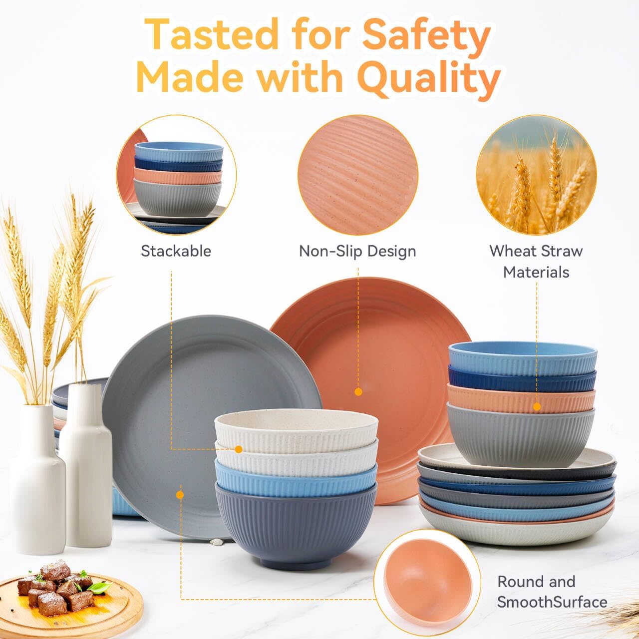 Wheat Straw Dinnerware Sets,64-Piece Plates and Bowls Sets for 8-Unbreakable,Reusable Plastic Dish Set-Dinner Plate/Dessert Plate/Cereal Bowl/Cup/Utensils-Dishwasher Safe 64P-JadePeak Lake Sunset