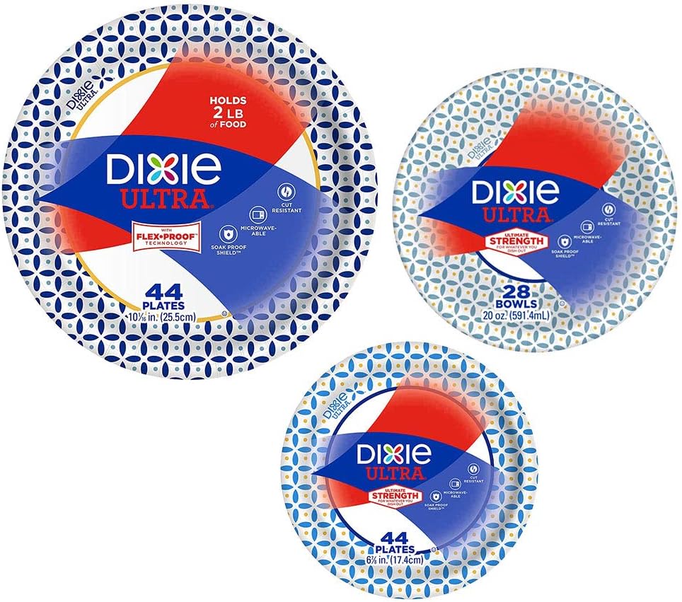 Dixie Ultra Heavy Duty Paper Plate & Bowl Bundle - Large Plates (44), Small Plates (44), Bowls (28)