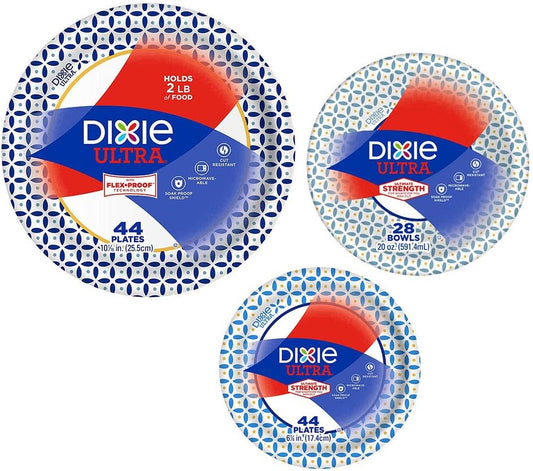 Dixie Ultra Heavy Duty Paper Plate & Bowl Bundle - Large Plates (44), Small Plates (44), Bowls (28)