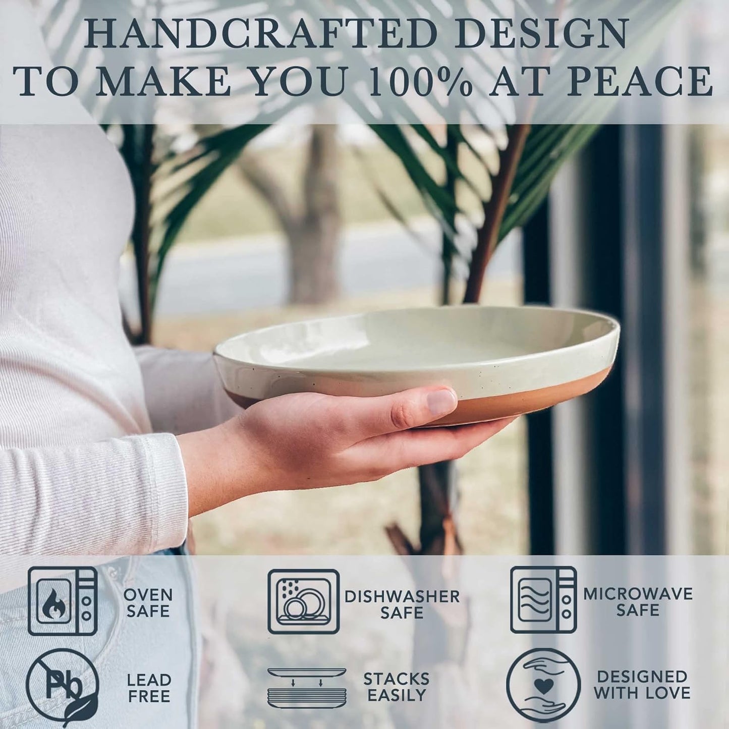 MORA Ceramic Flat Pasta Bowl Set of 4-35oz, Microwave Safe Plate with High Edge - Modern Porcelain Dinnerware for Kitchen and Eating, Large Wide Bowls/Plates for Serving Dinner, Salad, etc- Neutrals