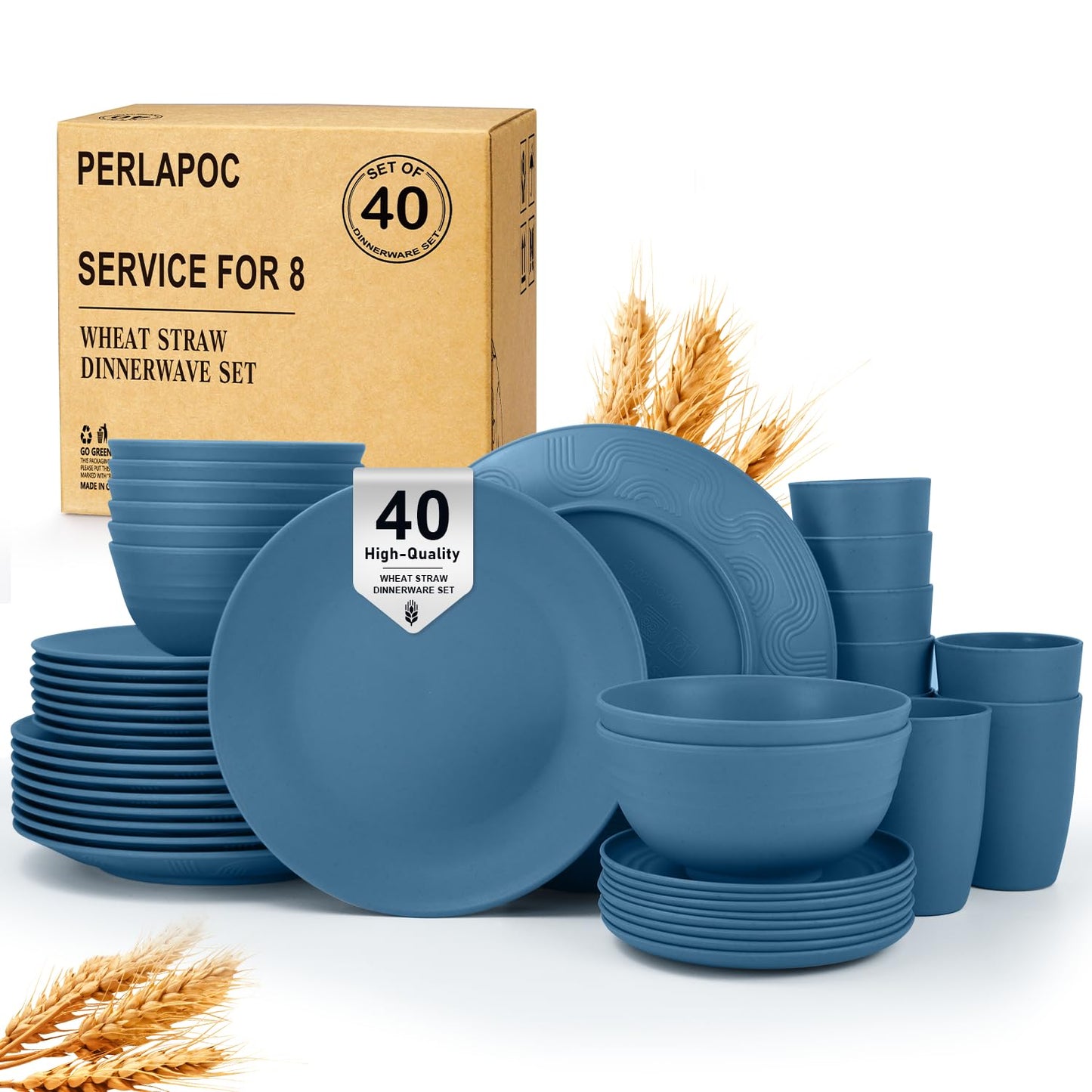 Wheat Straw Dinnerware Set 40 PCS - Service for 8 | Plates and Bowls Sets | Unbreakable Dishes Set - Dinner Plates, Dessert Plate, Cereal Bowls, Drinking Glasses, Dishwasher Safe - Multi