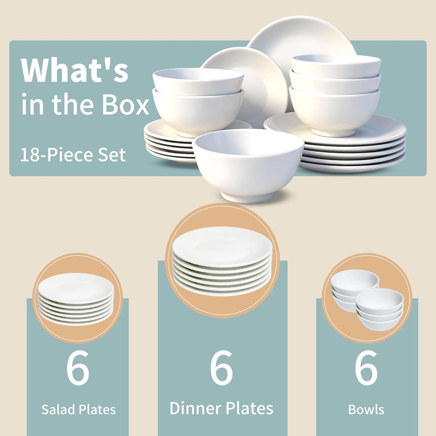 Lumina Porcelain| 18-Piece Fine Porcelain Dinnerware Set, Service for 6 - Professional White Plates & Bowls, Microwave/Oven Safe, Heavy Duty Kitchen Essentials