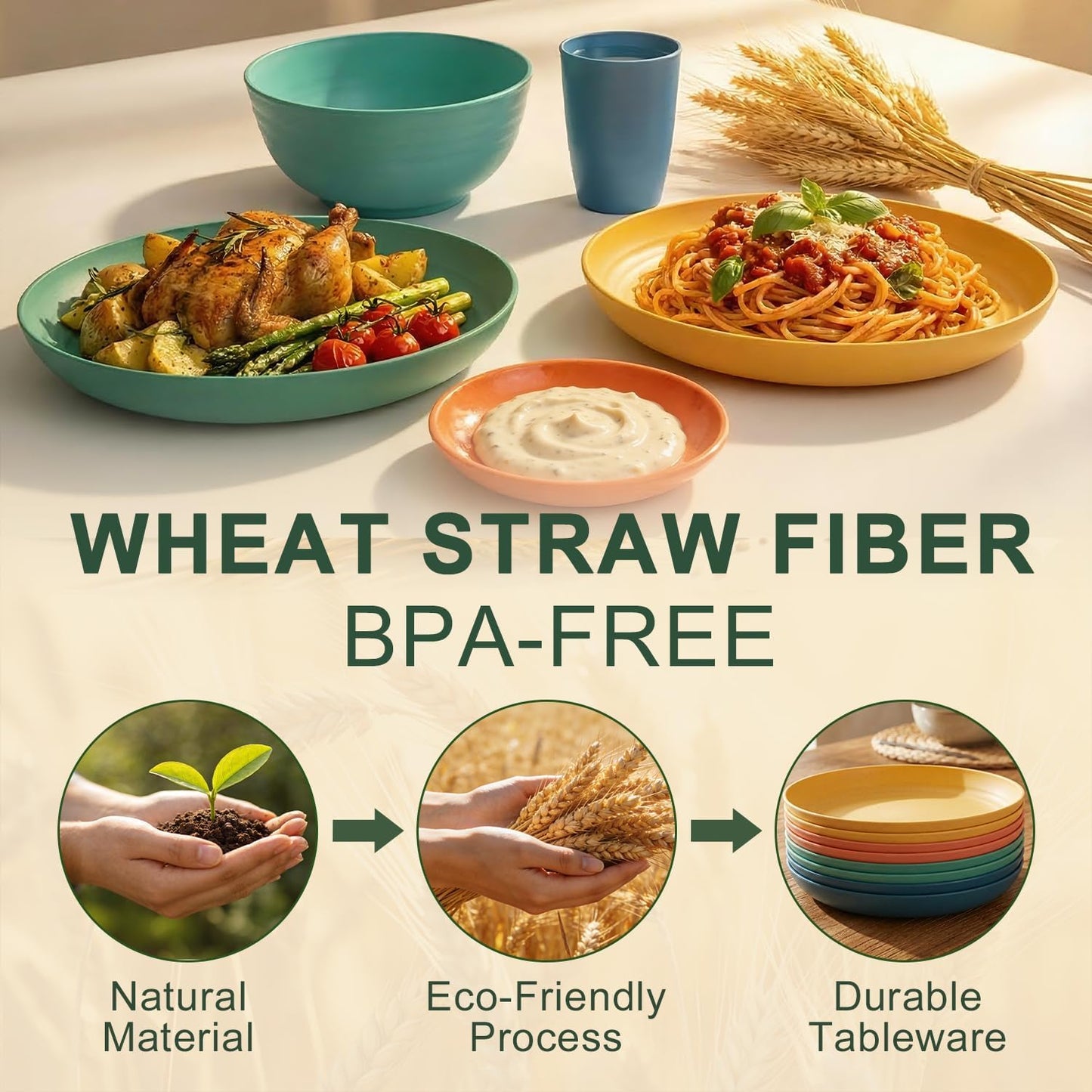 Wheat Straw Dinnerware Sets 40 Piece, Kitchen Plates and Bowls Set, Unbreakable Dishes Set for 8, Microwave and Dishwahser Safe Dishware Sets for Home, Camping, RV, Party - Multi