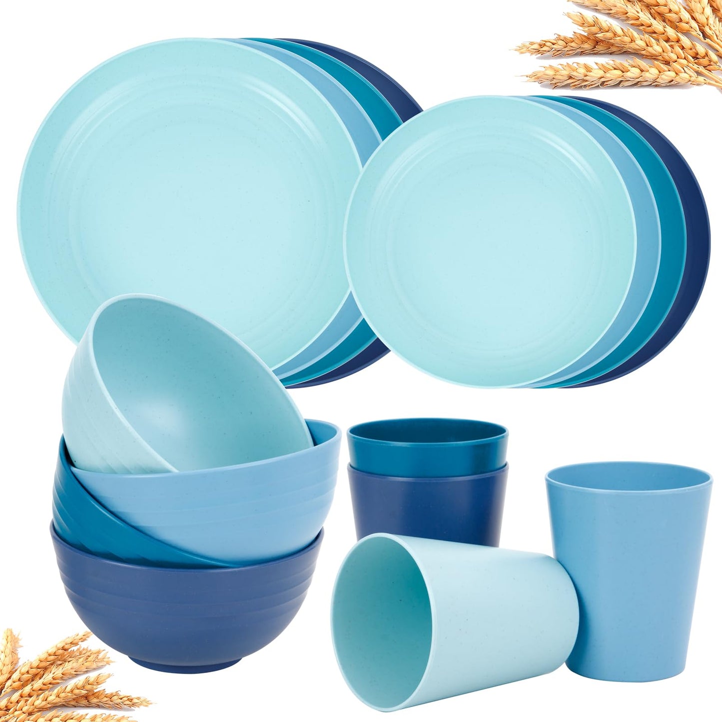 Rubtlamp 16Pcs Plastic Wheat Straw Dinnerware Set, Reusable Plastic Plate Set for 4, Kitchen Plates And Bowls Set (Pink) Include Dinner Platos, Dessert Platos, Cereal Bowls, Cups for Daily, Camping