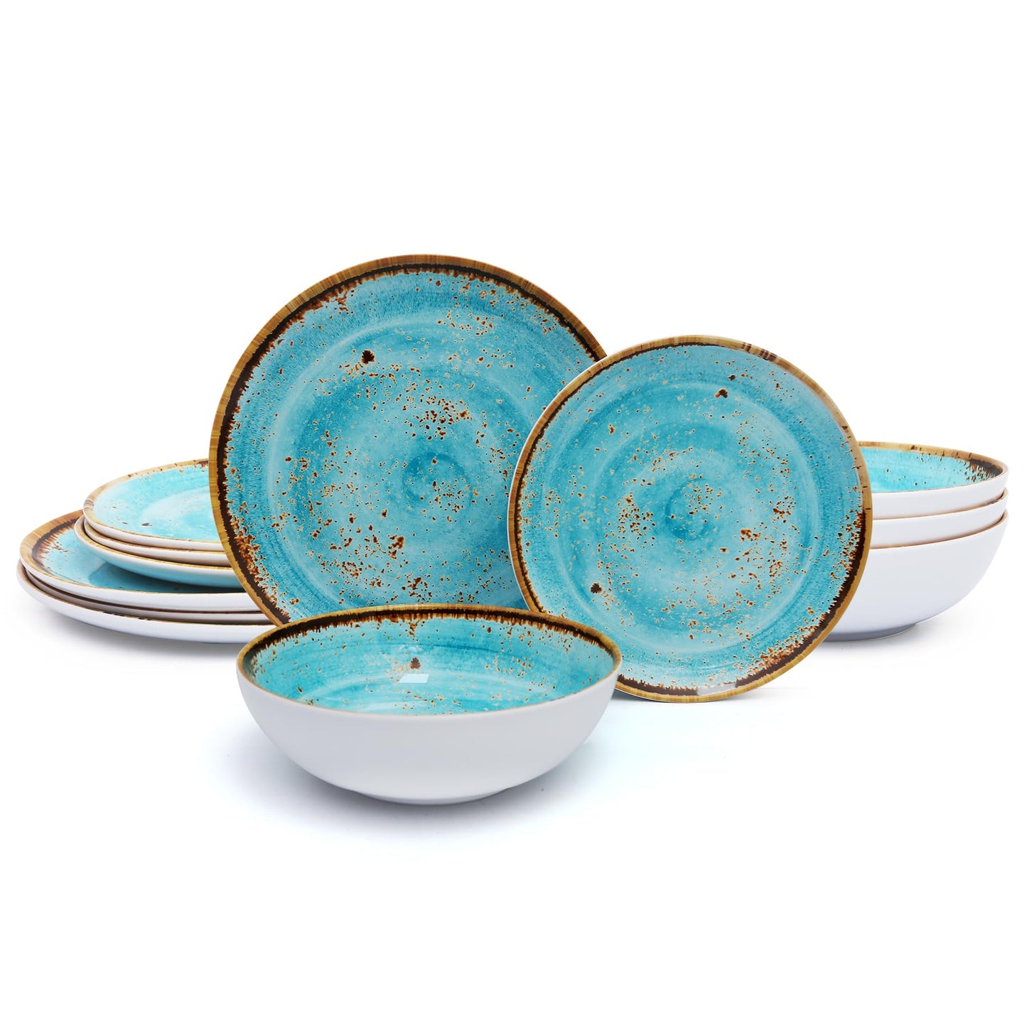 TP 12-Piece Melamine Dinnerware Sets, Plates and Bowls Dishes Set for 4, Break-Resistant & Non-Microwavable, Lightweight Dinner Plates, Wood Grain