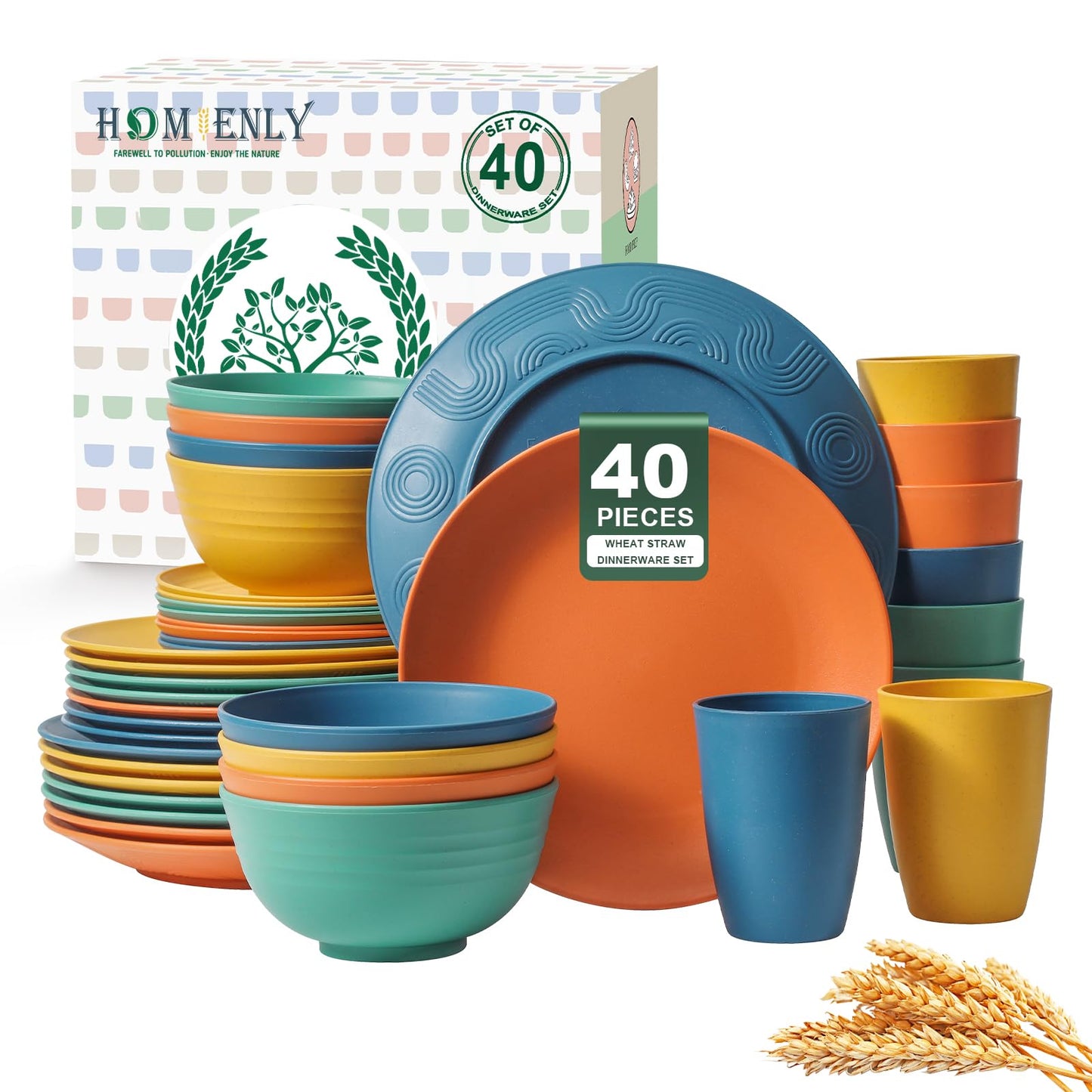 Homienly Kitchen Wheat Straw Dinnerware Set 40 PCS - Dinner Plates, Cereal Bowls, Wheat Straw Cups Set, Microwave and Dishwasher Safe Dishes Set, Unbreakable Dish Set for Party, Outdoor(Grey Stone)