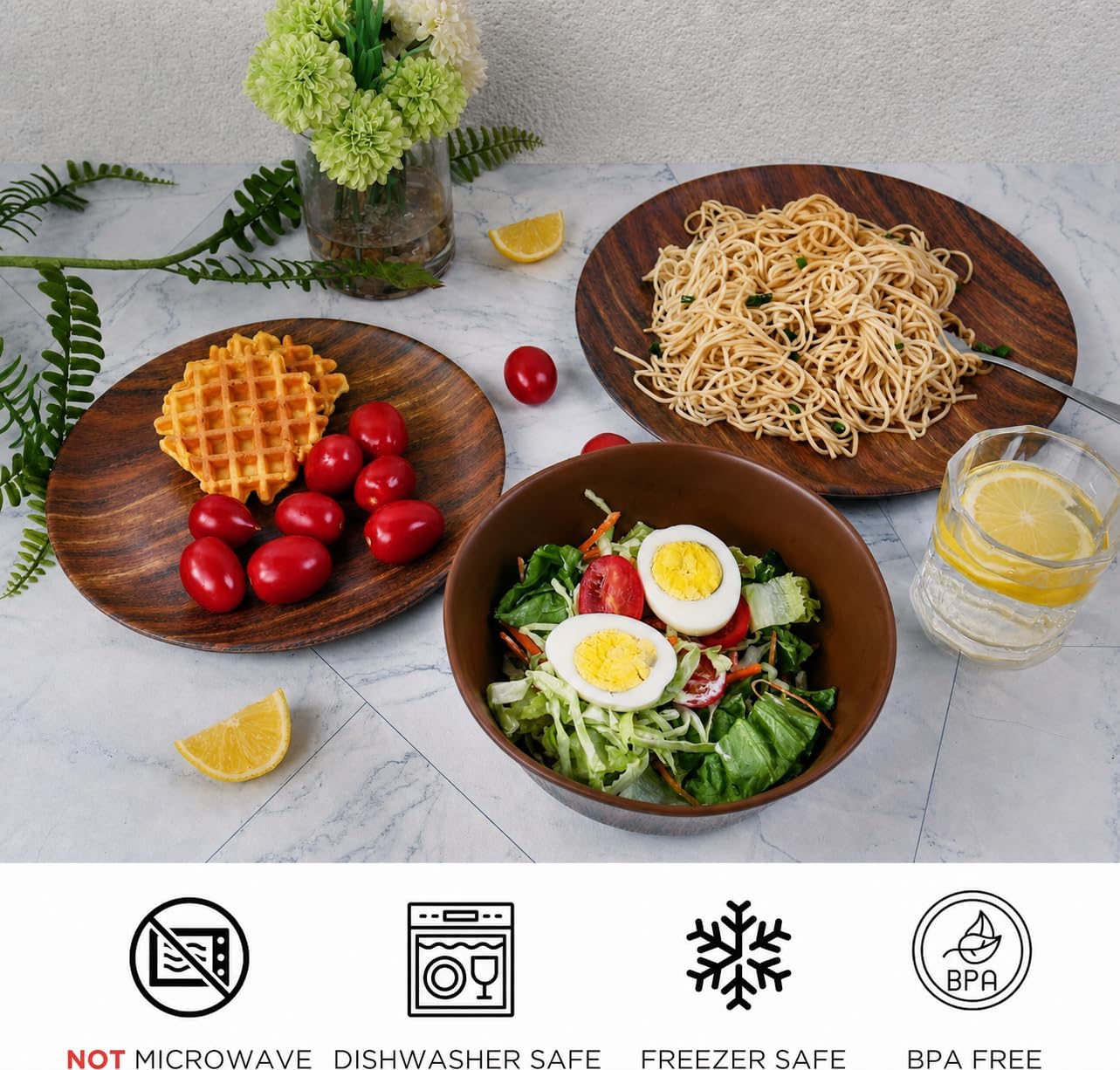 TP 12-Piece Melamine Dinnerware Sets, Plates and Bowls Dishes Set for 4, Break-Resistant & Non-Microwavable, Lightweight Dinner Plates, Wood Grain