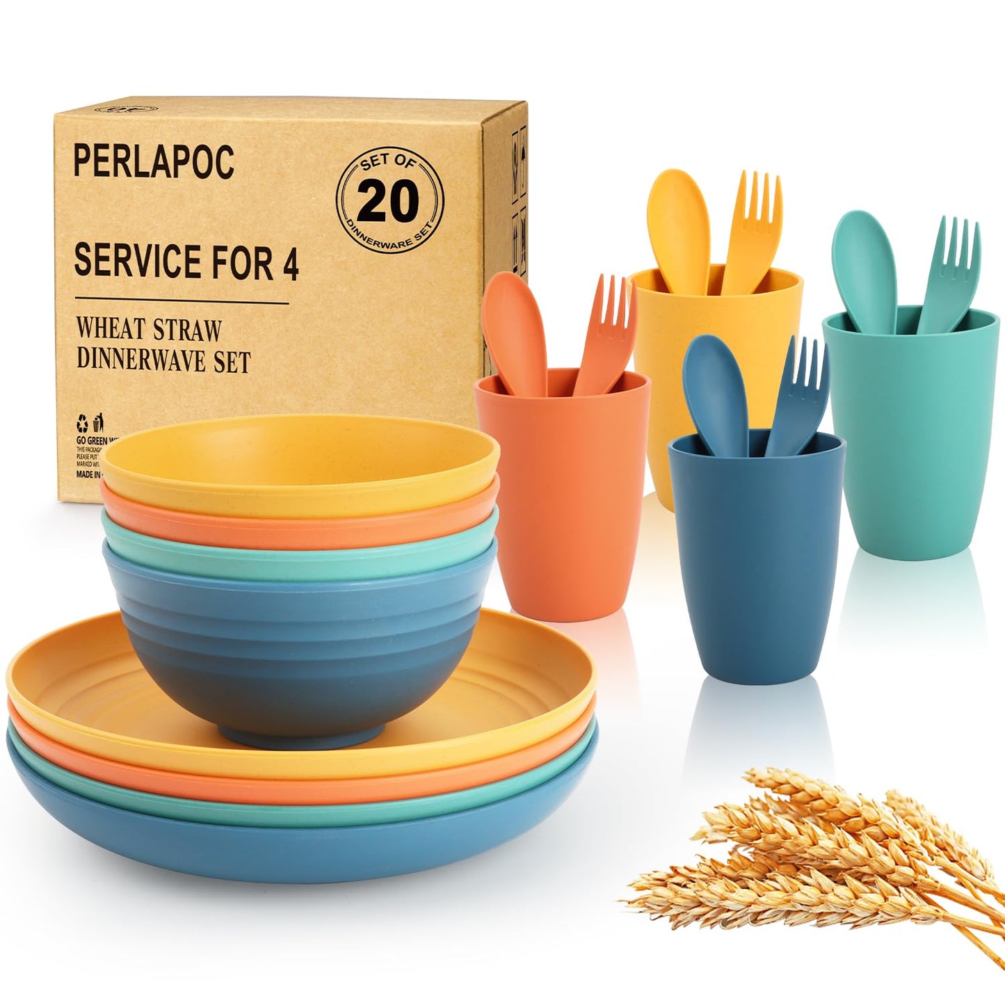 Wheat Straw Dinnerware Set 40 PCS - Service for 8 | Plates and Bowls Sets | Unbreakable Dishes Set - Dinner Plates, Dessert Plate, Cereal Bowls, Drinking Glasses, Dishwasher Safe - Multi