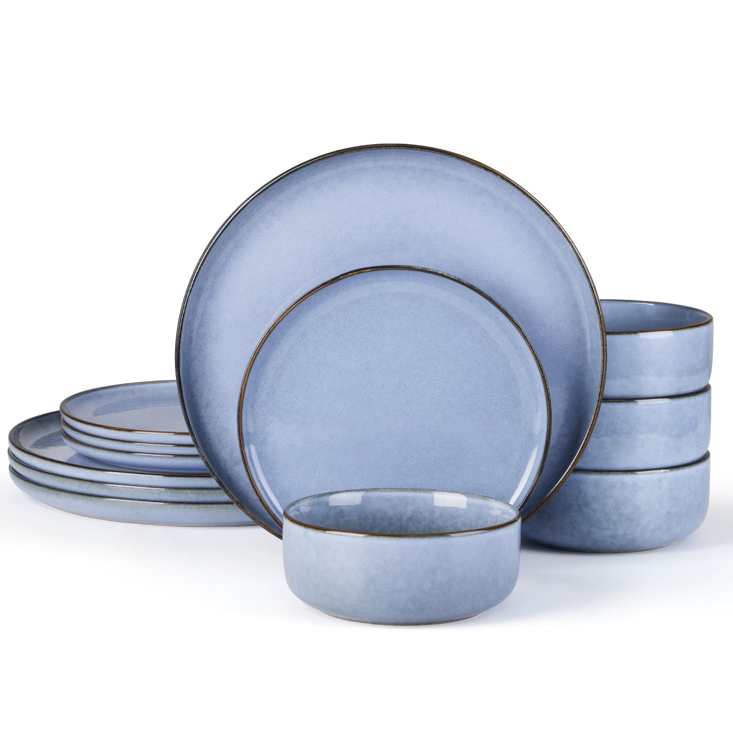 E-far 12-Piece Plates and Bowls Set, Stoneware Dinnerware Sets for 4, Reactive Glaze Ceramic Dinning Ware Dishes, Microwave & Dishwasher Safe - Sandy Beige