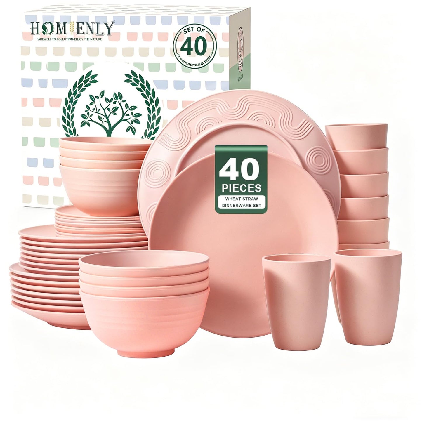 Homienly 40-Piece Premium Wheat Straw Dinnerware Sets, Service for 8, Unbreakable Plates and Bowls Set - Cups Sets, Dinner Plates, Bowls for Kitchen,Dishwasher and Microwave Safe Dishes Set - Multi